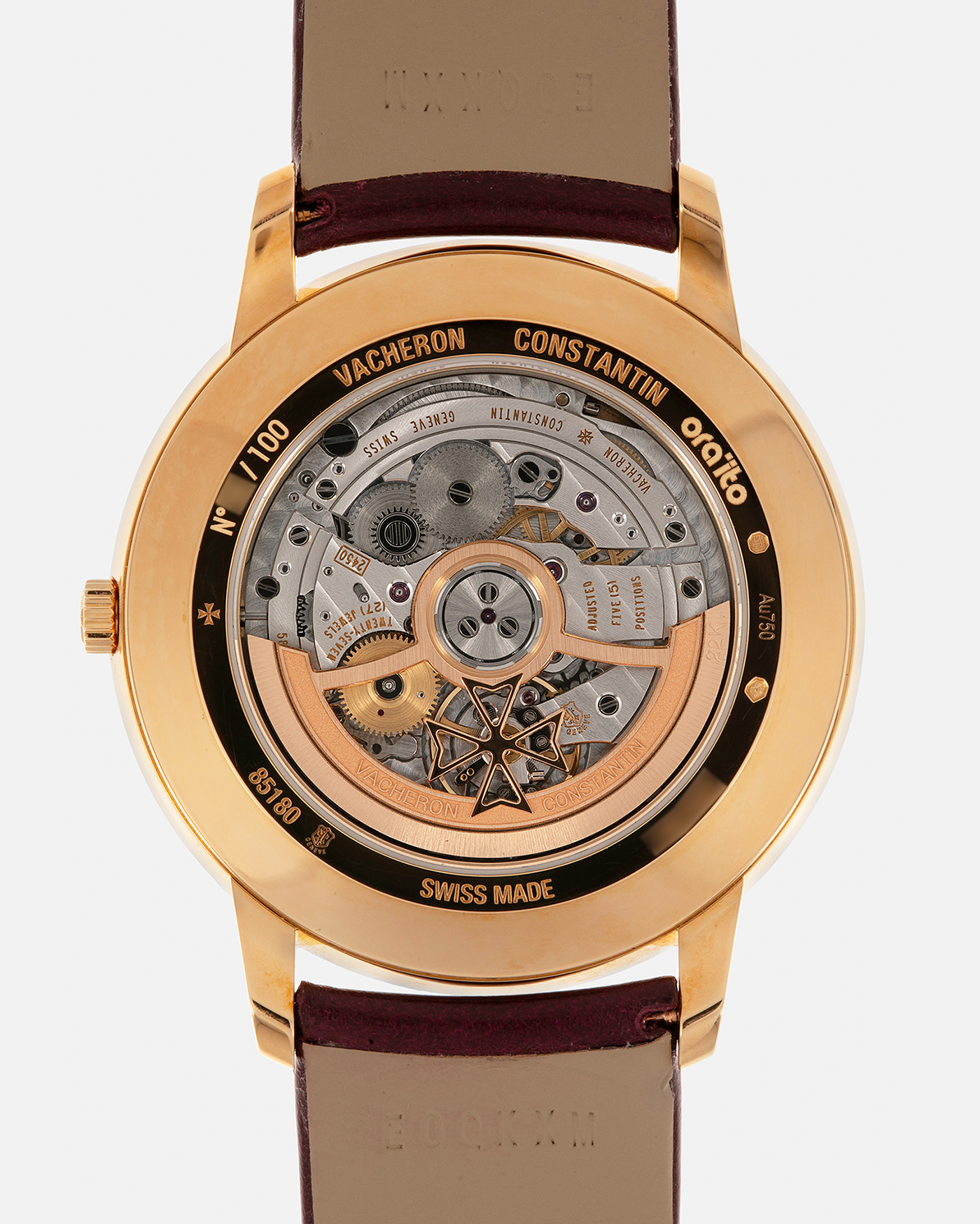 Brand: Vacheron Constantin
Year: 2024
Model: Patrimony Ora ïto 20th Anniversary, Limited to 100 Pieces
Reference: 85180/000J-H069
Material: 18-carat Yellow Gold
Movement: Vacheron Constantin Cal. 2450 Q6, Self-Winding
Case Dimensions: 40mm x 8.55mm (Lug-to-Lug 47mm)
Lug Width: 20mm
Strap: Vacheron Constantin Burgundy Embossed Calf Leather with Signed 18-carat Yellow Gold Tang Buckle