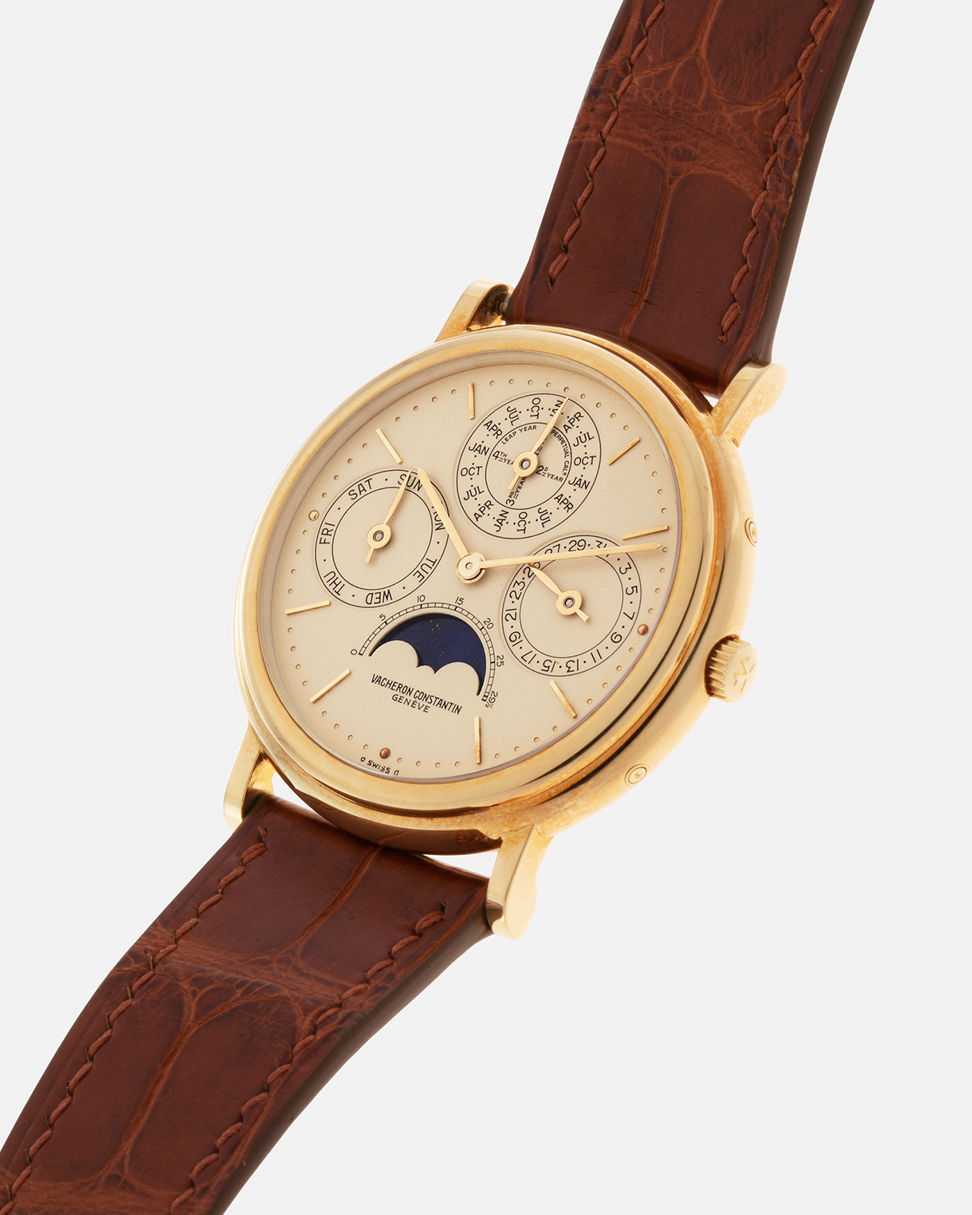 Brand: Vacheron Constantin Year: 1990’s Model: Perpetual Calendar Reference Number: 43031 Material: 18-carat Yellow Gold Movement: Vacheron Constantin Cal. 1120/2 (based on JLC Cal. 920), Self-Winding Case Diameter: 36mm Bracelet: Generic Brown Crocodile Leather Strap with Signed 18-carat Yellow Gold Deployant Clasp