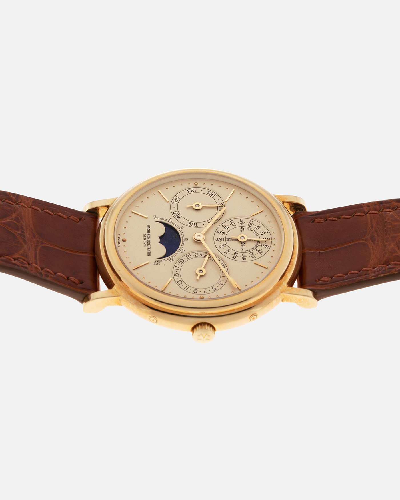 Brand: Vacheron Constantin Year: 1990’s Model: Perpetual Calendar Reference Number: 43031 Material: 18-carat Yellow Gold Movement: Vacheron Constantin Cal. 1120/2 (based on JLC Cal. 920), Self-Winding Case Diameter: 36mm Bracelet: Generic Brown Crocodile Leather Strap with Signed 18-carat Yellow Gold Deployant Clasp