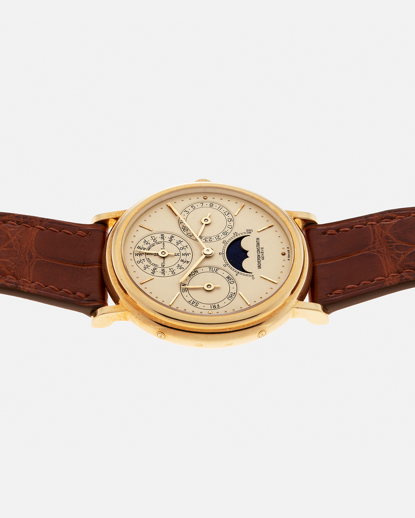 Brand: Vacheron Constantin Year: 1990’s Model: Perpetual Calendar Reference Number: 43031 Material: 18-carat Yellow Gold Movement: Vacheron Constantin Cal. 1120/2 (based on JLC Cal. 920), Self-Winding Case Diameter: 36mm Bracelet: Generic Brown Crocodile Leather Strap with Signed 18-carat Yellow Gold Deployant Clasp