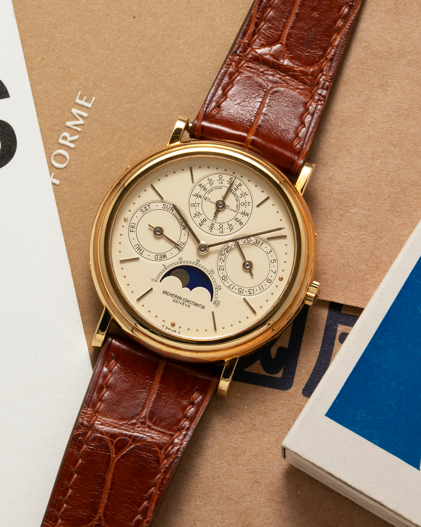 Brand: Vacheron Constantin Year: 1990’s Model: Perpetual Calendar Reference Number: 43031 Material: 18-carat Yellow Gold Movement: Vacheron Constantin Cal. 1120/2 (based on JLC Cal. 920), Self-Winding Case Diameter: 36mm Bracelet: Generic Brown Crocodile Leather Strap with Signed 18-carat Yellow Gold Deployant Clasp