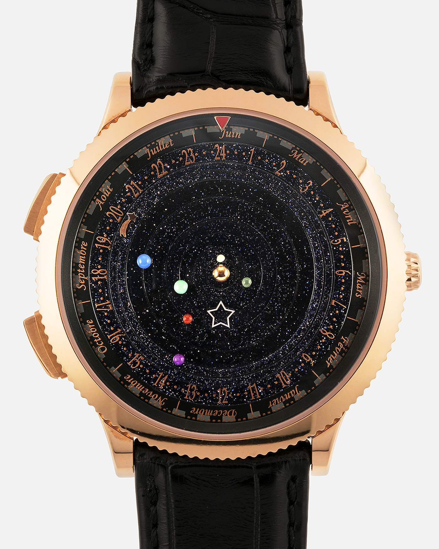 Brand: Van Cleef & Arpels
Year: 2015
Model: Midnight Planetarium
Reference Number: VCARO4J000
Material: 18k Rose Gold
Movement: Automatic Roger Dubuis-derived Stern Manufacture Base Calibre With an Exclusive Planetarium Module Developed By Christian Van Der Klaauw
Case Dimensions: 44mm Diameter 13.8mm Thickness
Strap: Van Cleef & Arpels Black Alligator Strap With Signed 18k Pink Gold Deployant Clasp