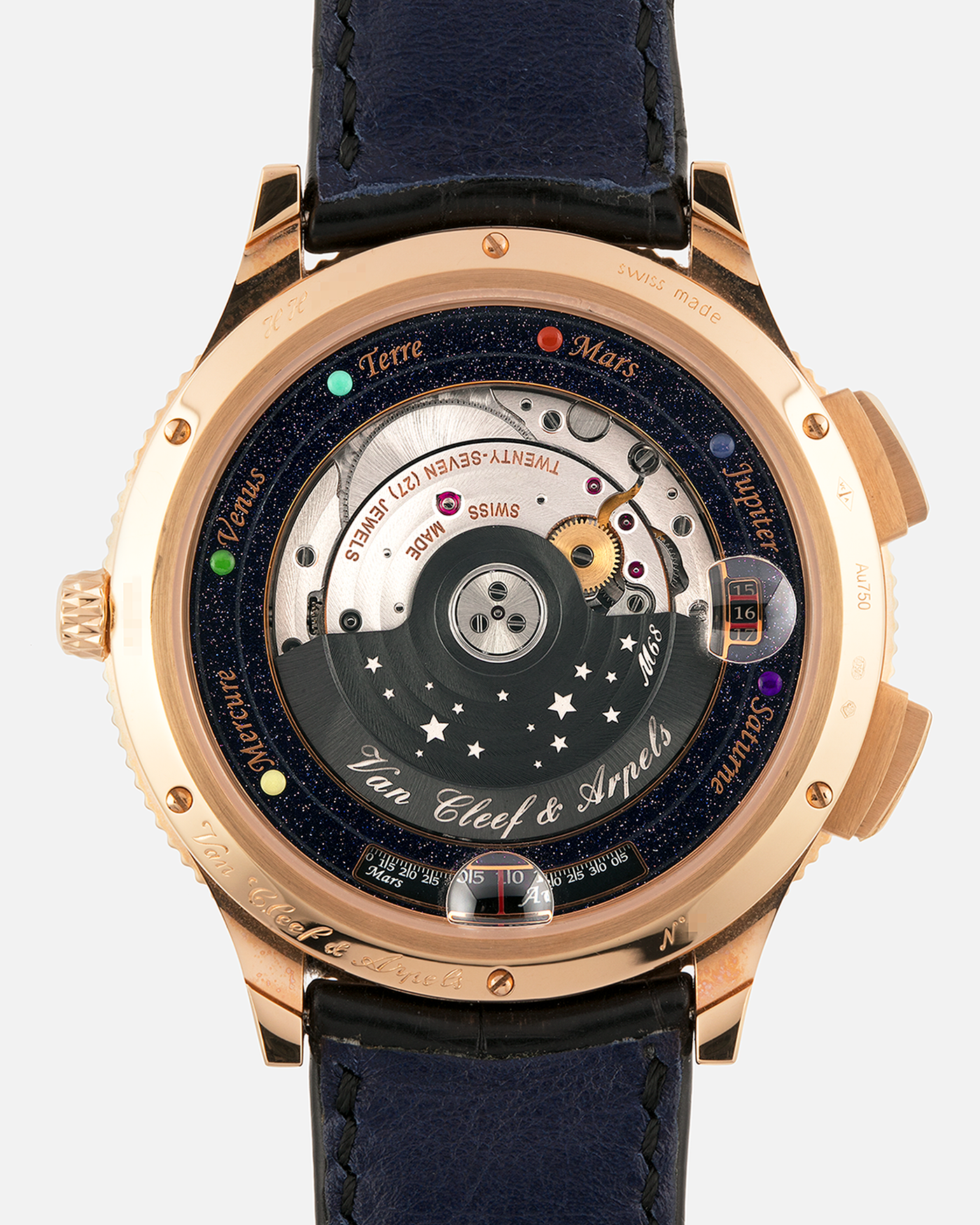 Brand: Van Cleef & Arpels
Year: 2015
Model: Midnight Planetarium
Reference Number: VCARO4J000
Material: 18k Rose Gold
Movement: Automatic Roger Dubuis-derived Stern Manufacture Base Calibre With an Exclusive Planetarium Module Developed By Christian Van Der Klaauw
Case Dimensions: 44mm Diameter 13.8mm Thickness
Strap: Van Cleef & Arpels Black Alligator Strap With Signed 18k Pink Gold Deployant Clasp