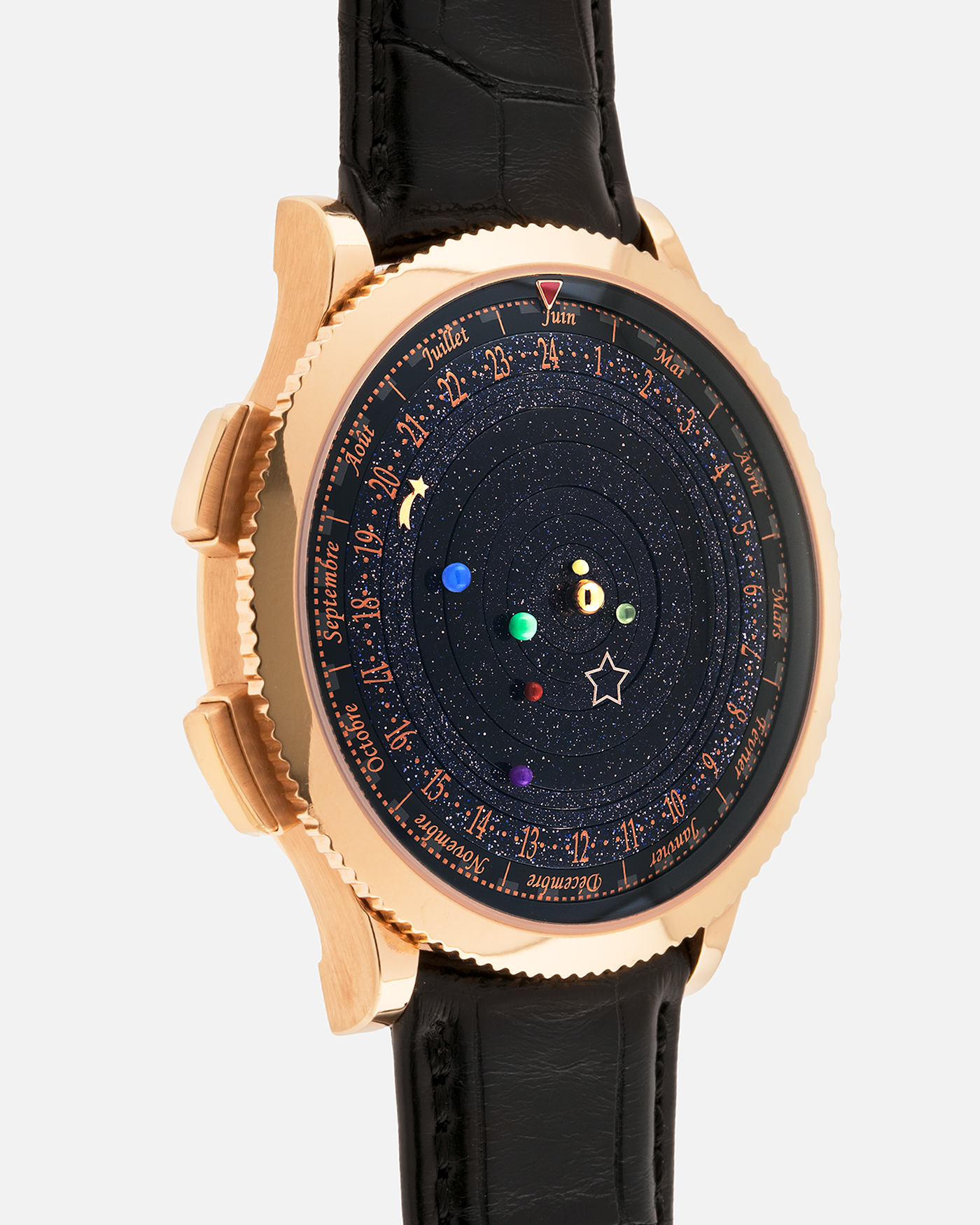 Brand: Van Cleef & Arpels
Year: 2015
Model: Midnight Planetarium
Reference Number: VCARO4J000
Material: 18k Rose Gold
Movement: Automatic Roger Dubuis-derived Stern Manufacture Base Calibre With an Exclusive Planetarium Module Developed By Christian Van Der Klaauw
Case Dimensions: 44mm Diameter 13.8mm Thickness
Strap: Van Cleef & Arpels Black Alligator Strap With Signed 18k Pink Gold Deployant Clasp