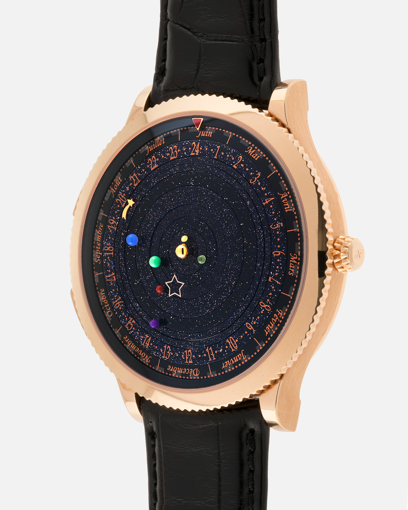 Brand: Van Cleef & Arpels
Year: 2015
Model: Midnight Planetarium
Reference Number: VCARO4J000
Material: 18k Rose Gold
Movement: Automatic Roger Dubuis-derived Stern Manufacture Base Calibre With an Exclusive Planetarium Module Developed By Christian Van Der Klaauw
Case Dimensions: 44mm Diameter 13.8mm Thickness
Strap: Van Cleef & Arpels Black Alligator Strap With Signed 18k Pink Gold Deployant Clasp