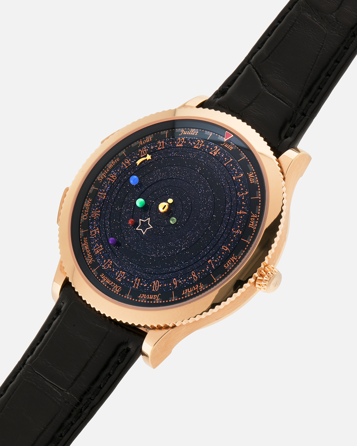 Brand: Van Cleef & Arpels
Year: 2015
Model: Midnight Planetarium
Reference Number: VCARO4J000
Material: 18k Rose Gold
Movement: Automatic Roger Dubuis-derived Stern Manufacture Base Calibre With an Exclusive Planetarium Module Developed By Christian Van Der Klaauw
Case Dimensions: 44mm Diameter 13.8mm Thickness
Strap: Van Cleef & Arpels Black Alligator Strap With Signed 18k Pink Gold Deployant Clasp