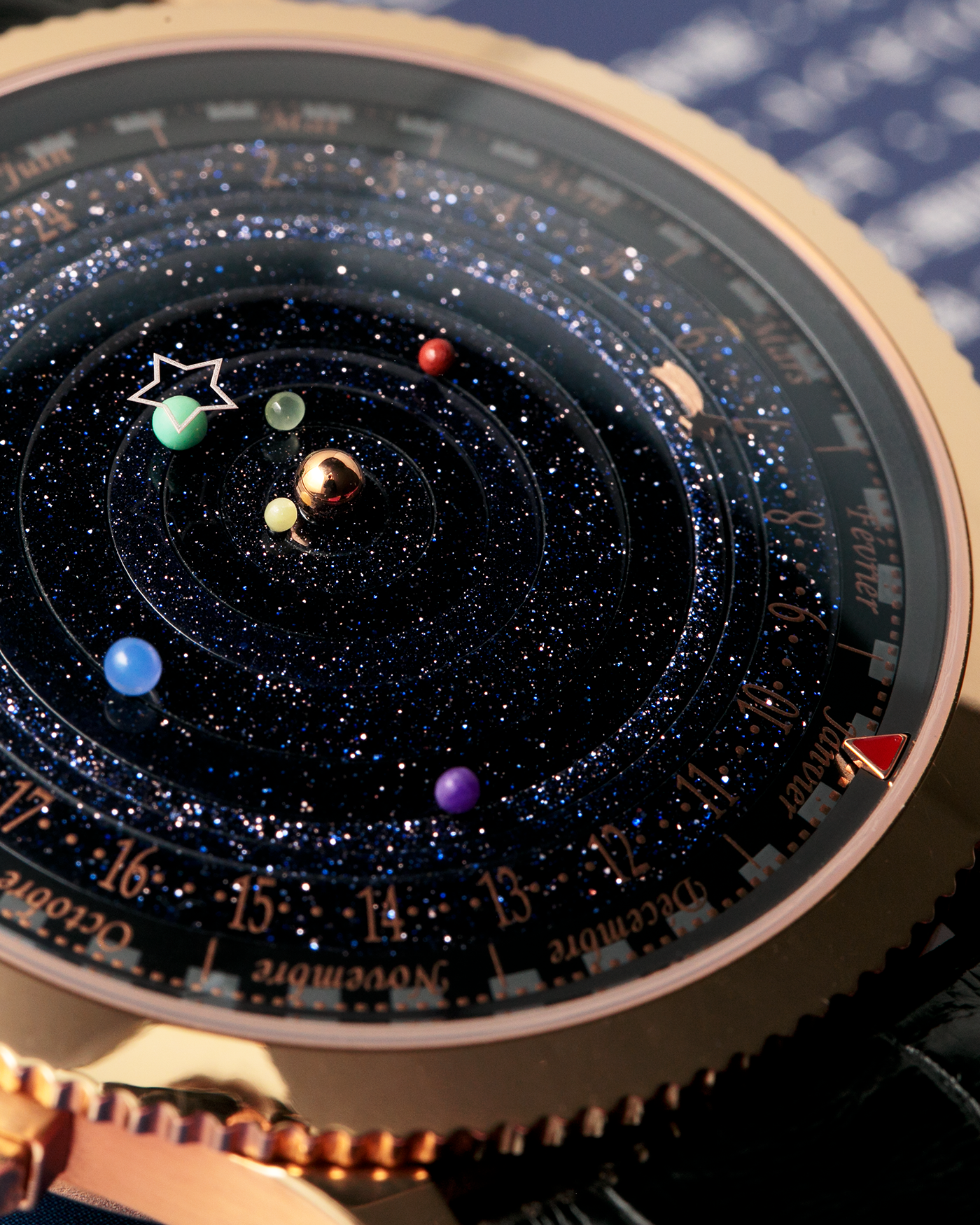 Brand: Van Cleef & Arpels
Year: 2015
Model: Midnight Planetarium
Reference Number: VCARO4J000
Material: 18k Rose Gold
Movement: Automatic Roger Dubuis-derived Stern Manufacture Base Calibre With an Exclusive Planetarium Module Developed By Christian Van Der Klaauw
Case Dimensions: 44mm Diameter 13.8mm Thickness
Strap: Van Cleef & Arpels Black Alligator Strap With Signed 18k Pink Gold Deployant Clasp