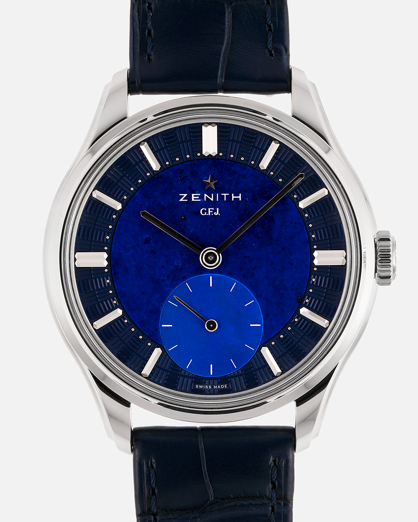 Brand: Zenith
Year: 2026
Model: G.F.J.
Reference Number: 40.1865.0135/51.C200
Material: Platinum 950
Movement: Caliber 135
Case Diameter: 39.15mm Diameter 10.5mm Thickness
Strap: Zenith Blue Alligator Strap with Platinum Zenith Tang Buckle