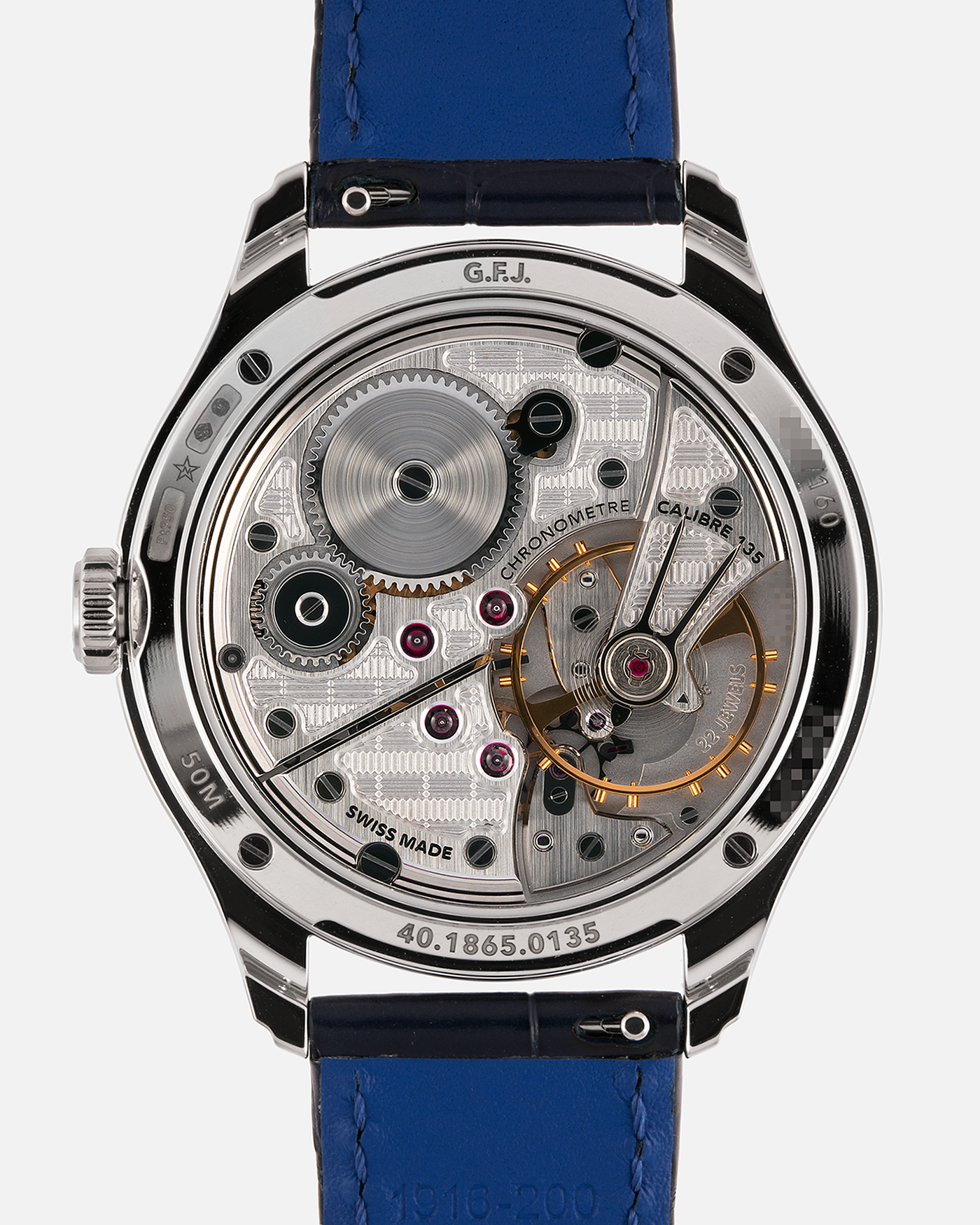 Brand: Zenith
Year: 2026
Model: G.F.J.
Reference Number: 40.1865.0135/51.C200
Material: Platinum 950
Movement: Caliber 135
Case Diameter: 39.15mm Diameter 10.5mm Thickness
Strap: Zenith Blue Alligator Strap with Platinum Zenith Tang Buckle
