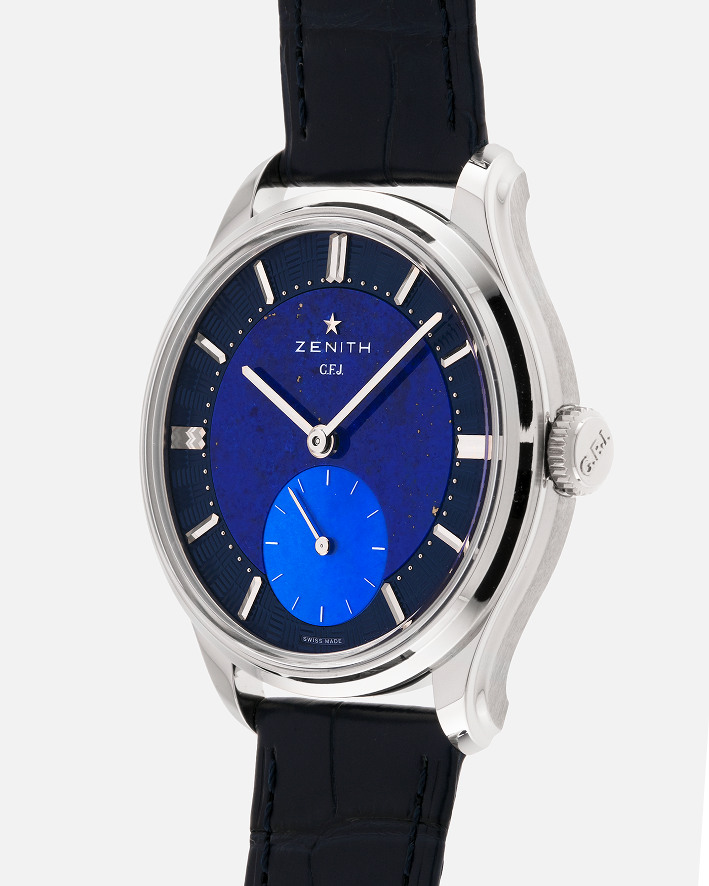 Brand: Zenith
Year: 2026
Model: G.F.J.
Reference Number: 40.1865.0135/51.C200
Material: Platinum 950
Movement: Caliber 135
Case Diameter: 39.15mm Diameter 10.5mm Thickness
Strap: Zenith Blue Alligator Strap with Platinum Zenith Tang Buckle