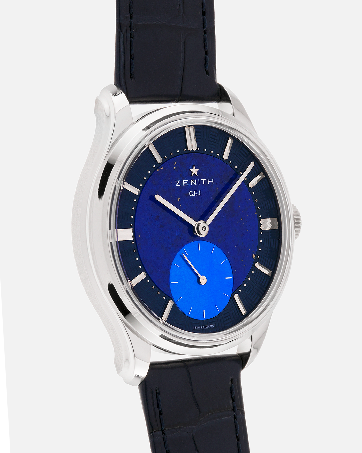 Brand: Zenith
Year: 2026
Model: G.F.J.
Reference Number: 40.1865.0135/51.C200
Material: Platinum 950
Movement: Caliber 135
Case Diameter: 39.15mm Diameter 10.5mm Thickness
Strap: Zenith Blue Alligator Strap with Platinum Zenith Tang Buckle