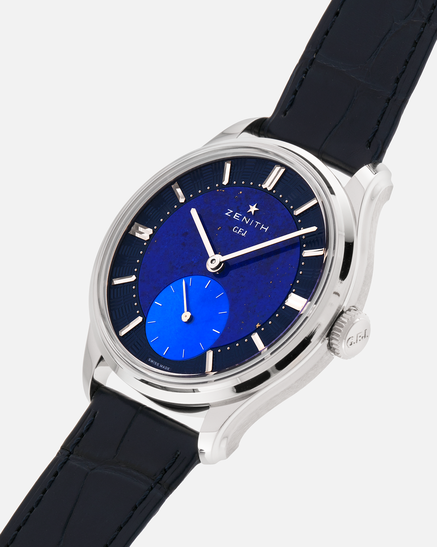 Brand: Zenith
Year: 2026
Model: G.F.J.
Reference Number: 40.1865.0135/51.C200
Material: Platinum 950
Movement: Caliber 135
Case Diameter: 39.15mm Diameter 10.5mm Thickness
Strap: Zenith Blue Alligator Strap with Platinum Zenith Tang Buckle