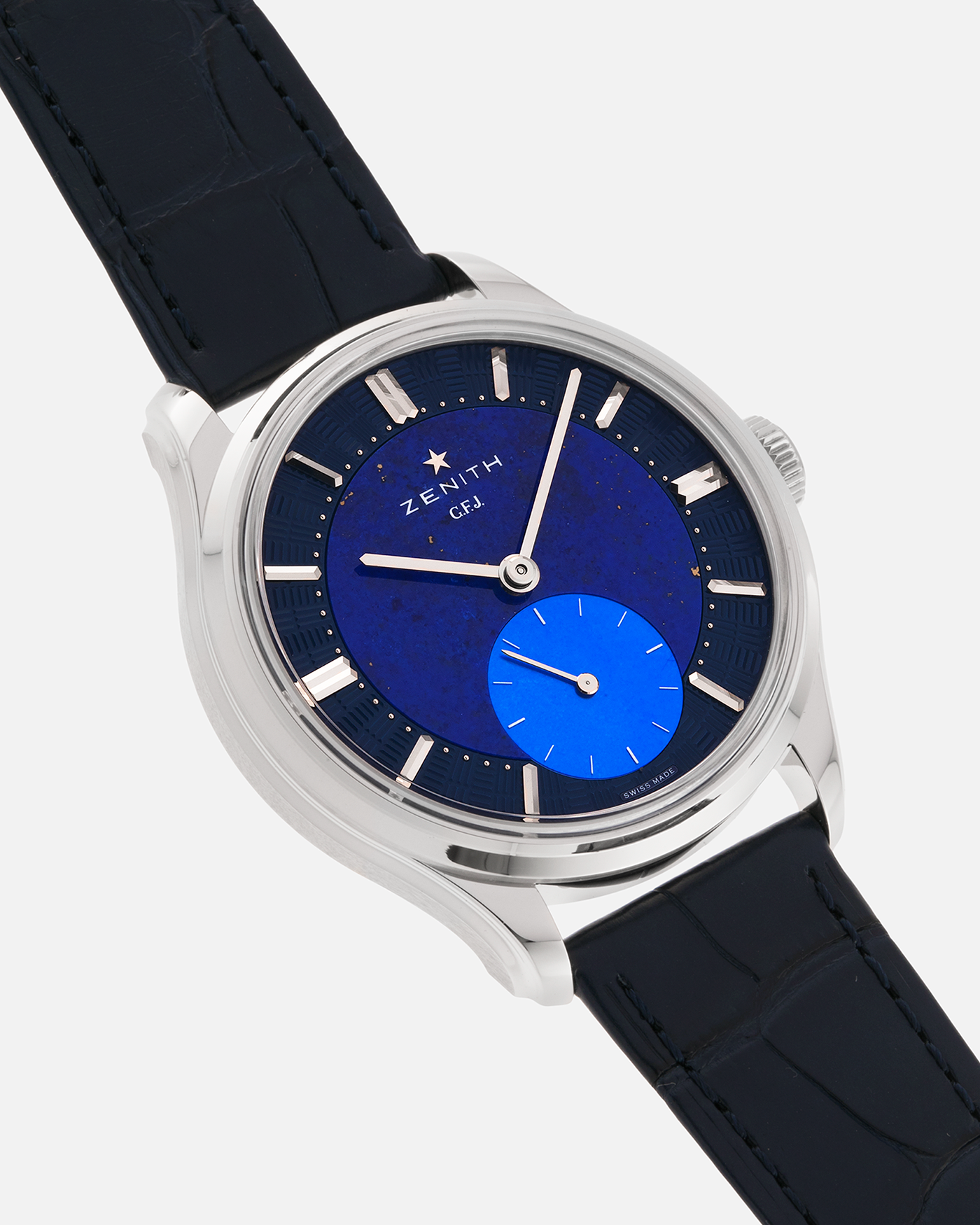 Brand: Zenith
Year: 2026
Model: G.F.J.
Reference Number: 40.1865.0135/51.C200
Material: Platinum 950
Movement: Caliber 135
Case Diameter: 39.15mm Diameter 10.5mm Thickness
Strap: Zenith Blue Alligator Strap with Platinum Zenith Tang Buckle
