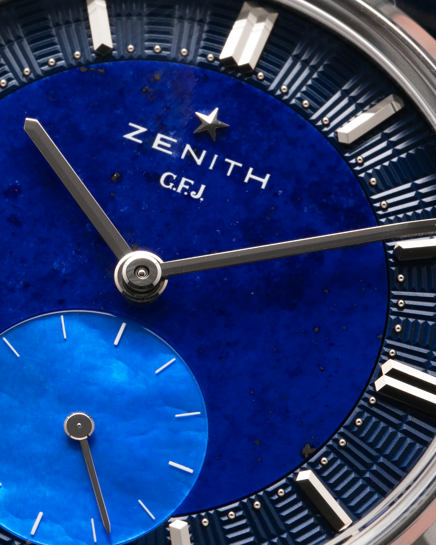 Brand: Zenith
Year: 2026
Model: G.F.J.
Reference Number: 40.1865.0135/51.C200
Material: Platinum 950
Movement: Caliber 135
Case Diameter: 39.15mm Diameter 10.5mm Thickness
Strap: Zenith Blue Alligator Strap with Platinum Zenith Tang Buckle