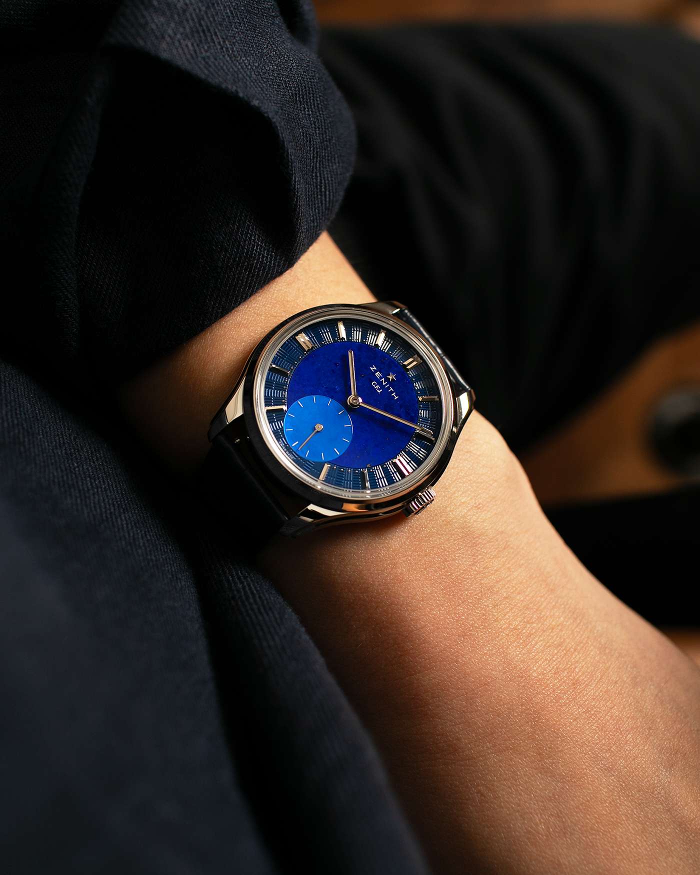 Brand: Zenith
Year: 2026
Model: G.F.J.
Reference Number: 40.1865.0135/51.C200
Material: Platinum 950
Movement: Caliber 135
Case Diameter: 39.15mm Diameter 10.5mm Thickness
Strap: Zenith Blue Alligator Strap with Platinum Zenith Tang Buckle