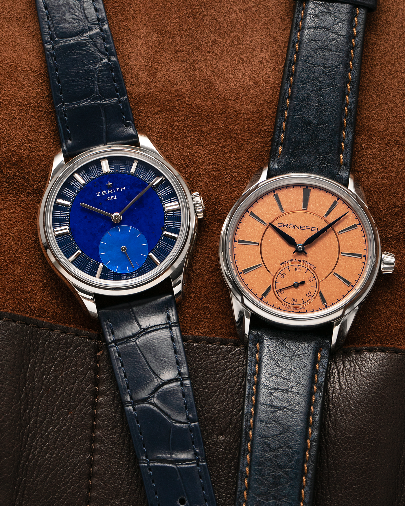 Brand: Zenith
Year: 2026
Model: G.F.J.
Reference Number: 40.1865.0135/51.C200
Material: Platinum 950
Movement: Caliber 135
Case Diameter: 39.15mm Diameter 10.5mm Thickness
Strap: Zenith Blue Alligator Strap with Platinum Zenith Tang Buckle