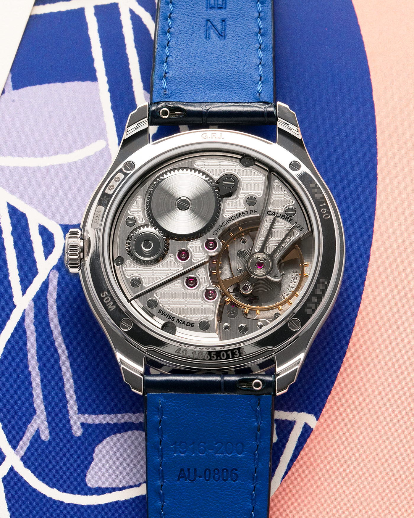 Brand: Zenith
Year: 2026
Model: G.F.J.
Reference Number: 40.1865.0135/51.C200
Material: Platinum 950
Movement: Caliber 135
Case Diameter: 39.15mm Diameter 10.5mm Thickness
Strap: Zenith Blue Alligator Strap with Platinum Zenith Tang Buckle