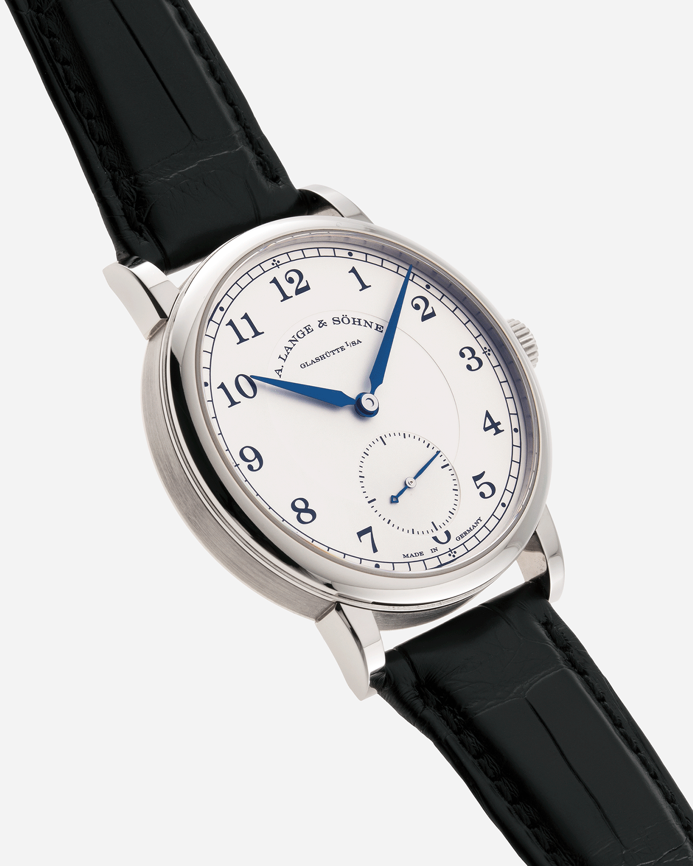 Brand: A. Lange & Sohne Year: 2010’s Model: 1815 Annual Calendar Ref Number: 235.026 Material: 18k White Gold Movement: Manual Winding In-House Cal. L051.1 Case Diameter: 38mm Bracelet/Strap: A. Lange & Sohne Black Alligator Strap with signed 18k White Gold Tang Buckle