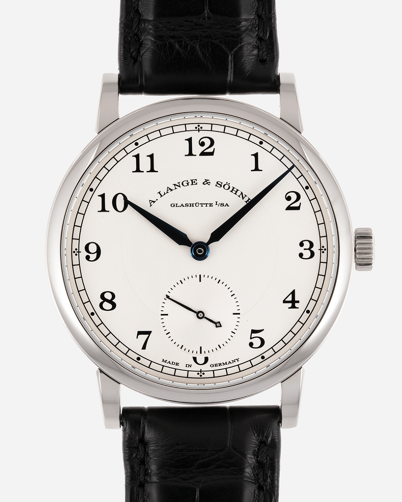 Brand: A. Lange & Sohne Year: 2010’s Model: 1815 Annual Calendar Ref Number: 235.026 Material: 18k White Gold Movement: Manual Winding In-House Cal. L051.1 Case Diameter: 38mm Bracelet/Strap: A. Lange & Sohne Black Alligator Strap with signed 18k White Gold Tang Buckle