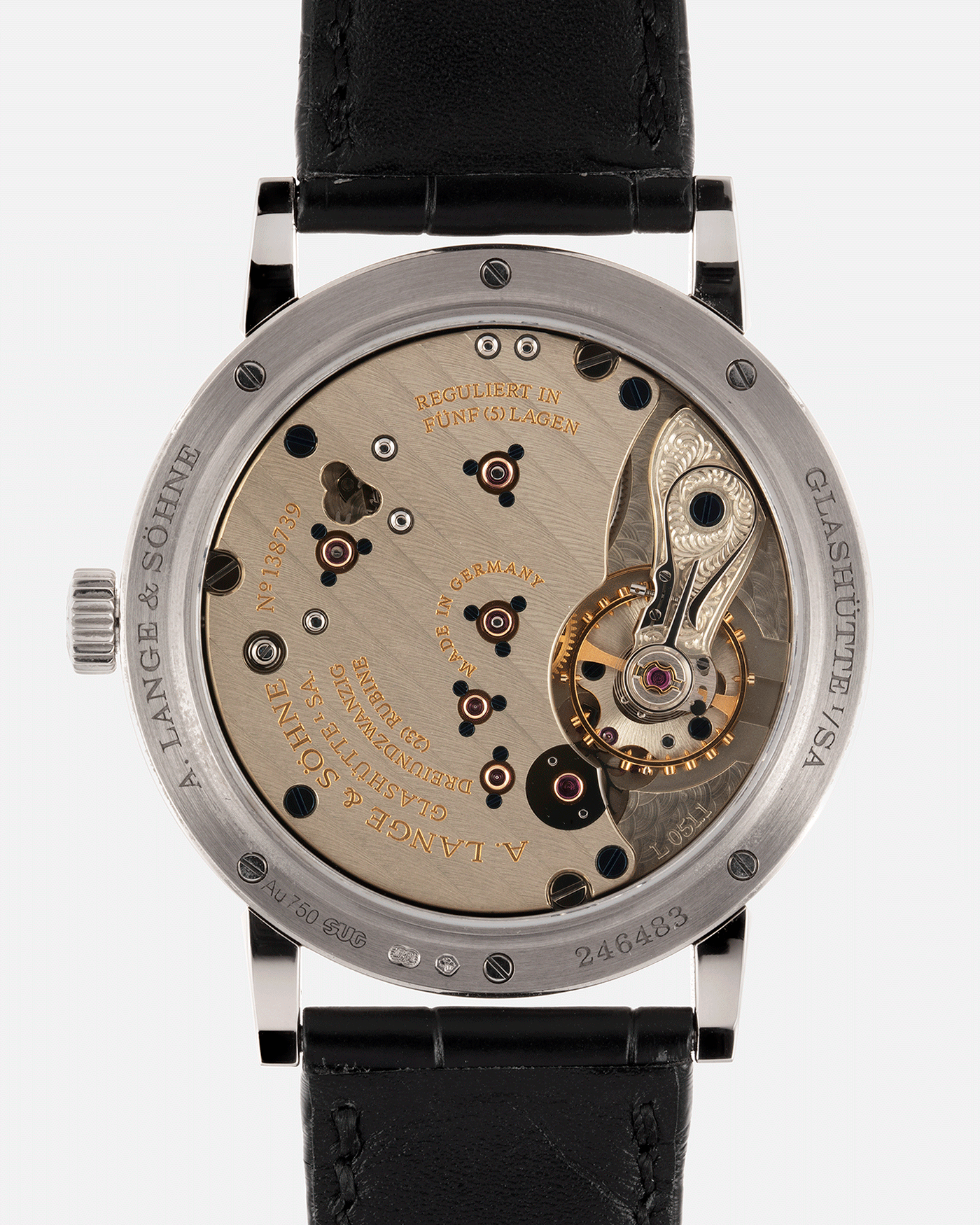 Brand: A. Lange & Sohne Year: 2010’s Model: 1815 Annual Calendar Ref Number: 235.026 Material: 18k White Gold Movement: Manual Winding In-House Cal. L051.1 Case Diameter: 38mm Bracelet/Strap: A. Lange & Sohne Black Alligator Strap with signed 18k White Gold Tang Buckle