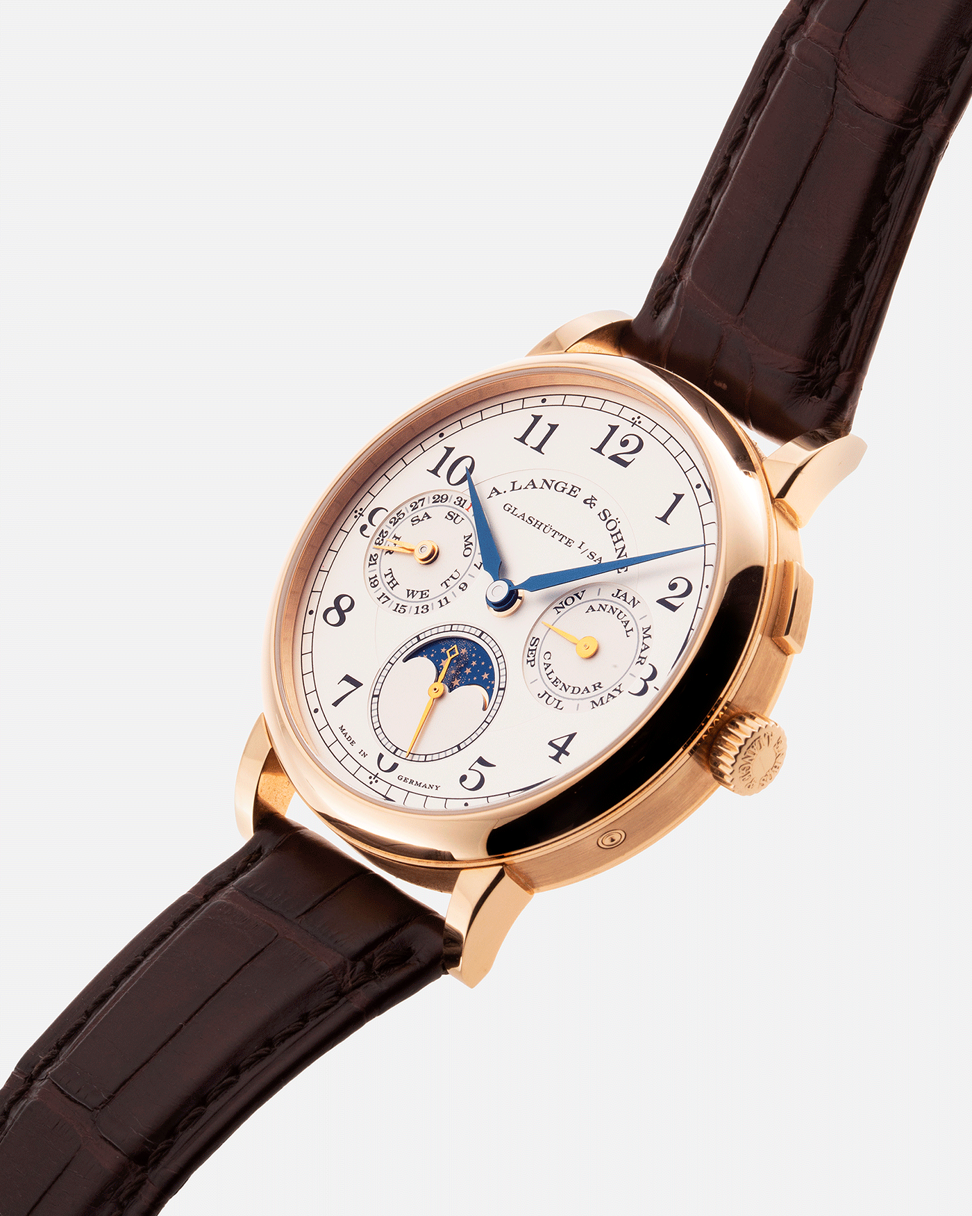 Brand: A. Lange & Sohne Year: 2018 Model: 1815 Annual Calendar Material: 18k Rose Gold Movement: Manual Winding L051.3 Case Diameter: 40mm Bracelet/Strap: A. Lange & Sohne Dark Brown Alligator Strap with signed 18k Rose Gold Tang Buckle