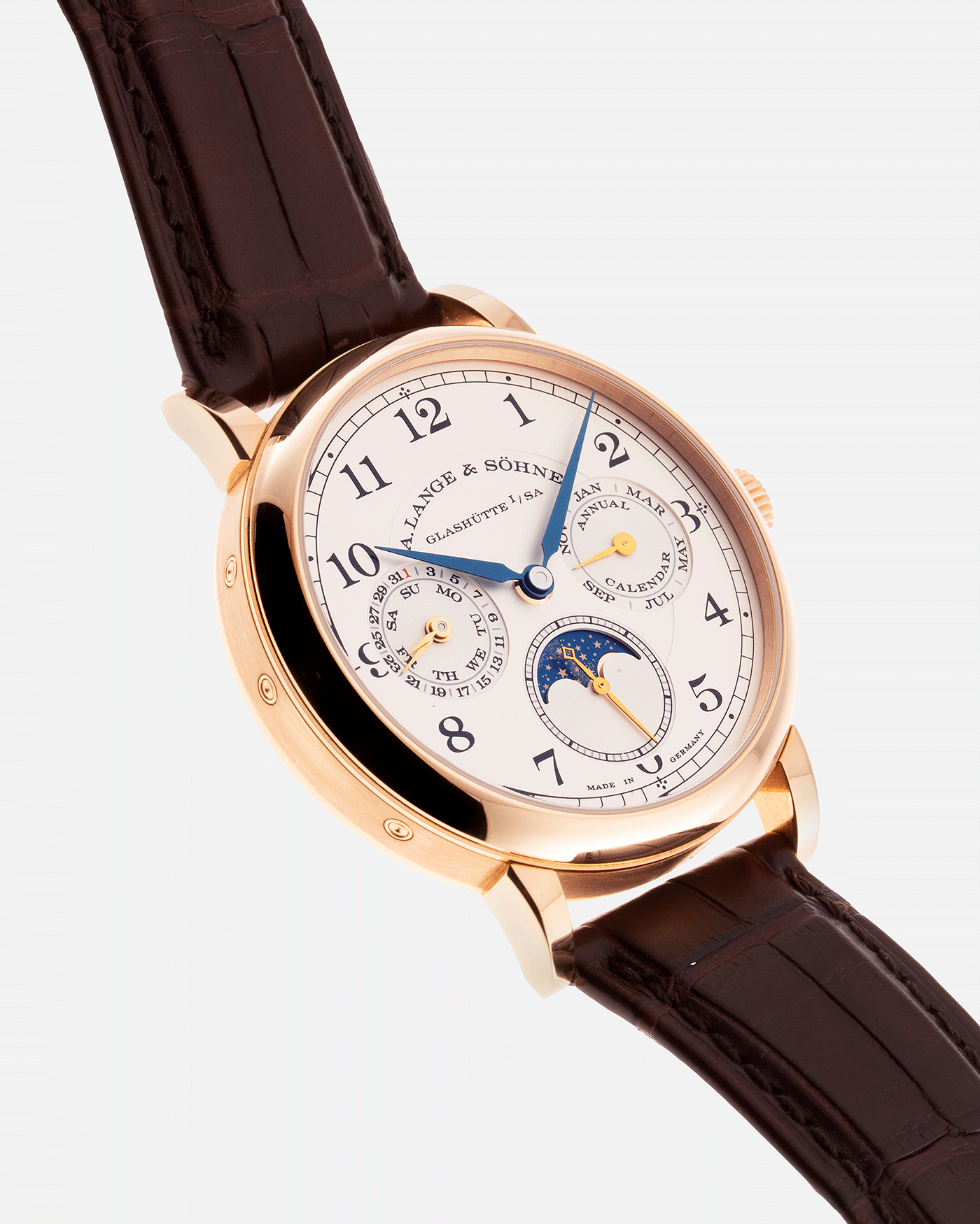 Brand: A. Lange & Sohne Year: 2018 Model: 1815 Annual Calendar Material: 18k Rose Gold Movement: Manual Winding L051.3 Case Diameter: 40mm Bracelet/Strap: A. Lange & Sohne Dark Brown Alligator Strap with signed 18k Rose Gold Tang Buckle