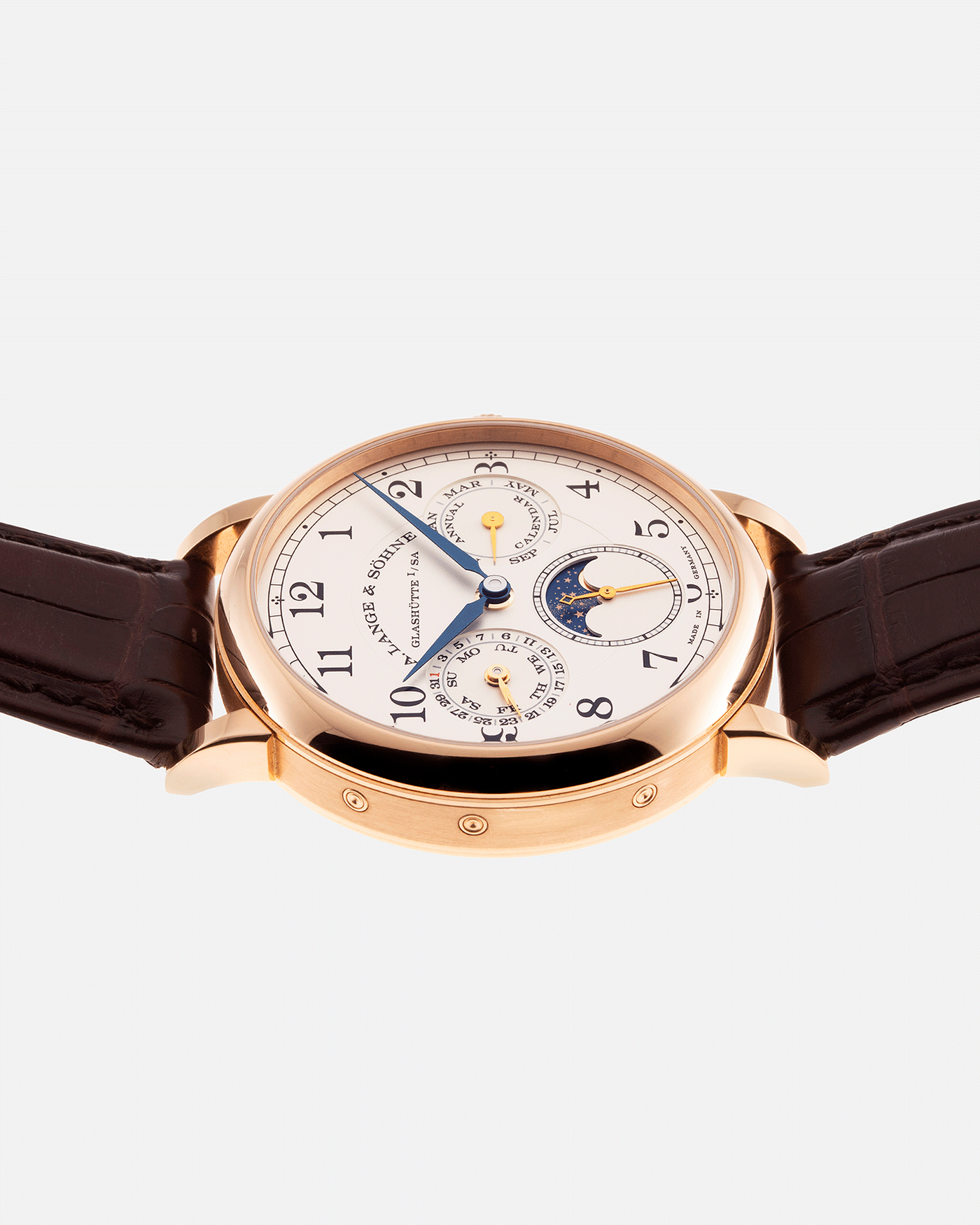 Brand: A. Lange & Sohne Year: 2018 Model: 1815 Annual Calendar Material: 18k Rose Gold Movement: Manual Winding L051.3 Case Diameter: 40mm Bracelet/Strap: A. Lange & Sohne Dark Brown Alligator Strap with signed 18k Rose Gold Tang Buckle