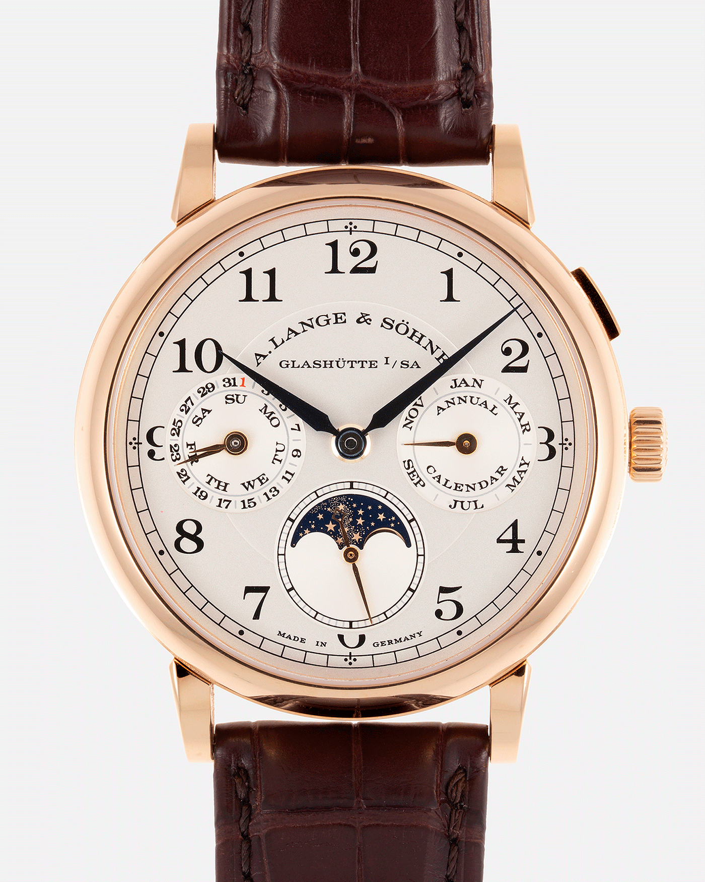 Brand: A. Lange & Sohne Year: 2018 Model: 1815 Annual Calendar Material: 18k Rose Gold Movement: Manual Winding L051.3 Case Diameter: 40mm Bracelet/Strap: A. Lange & Sohne Dark Brown Alligator Strap with signed 18k Rose Gold Tang Buckle