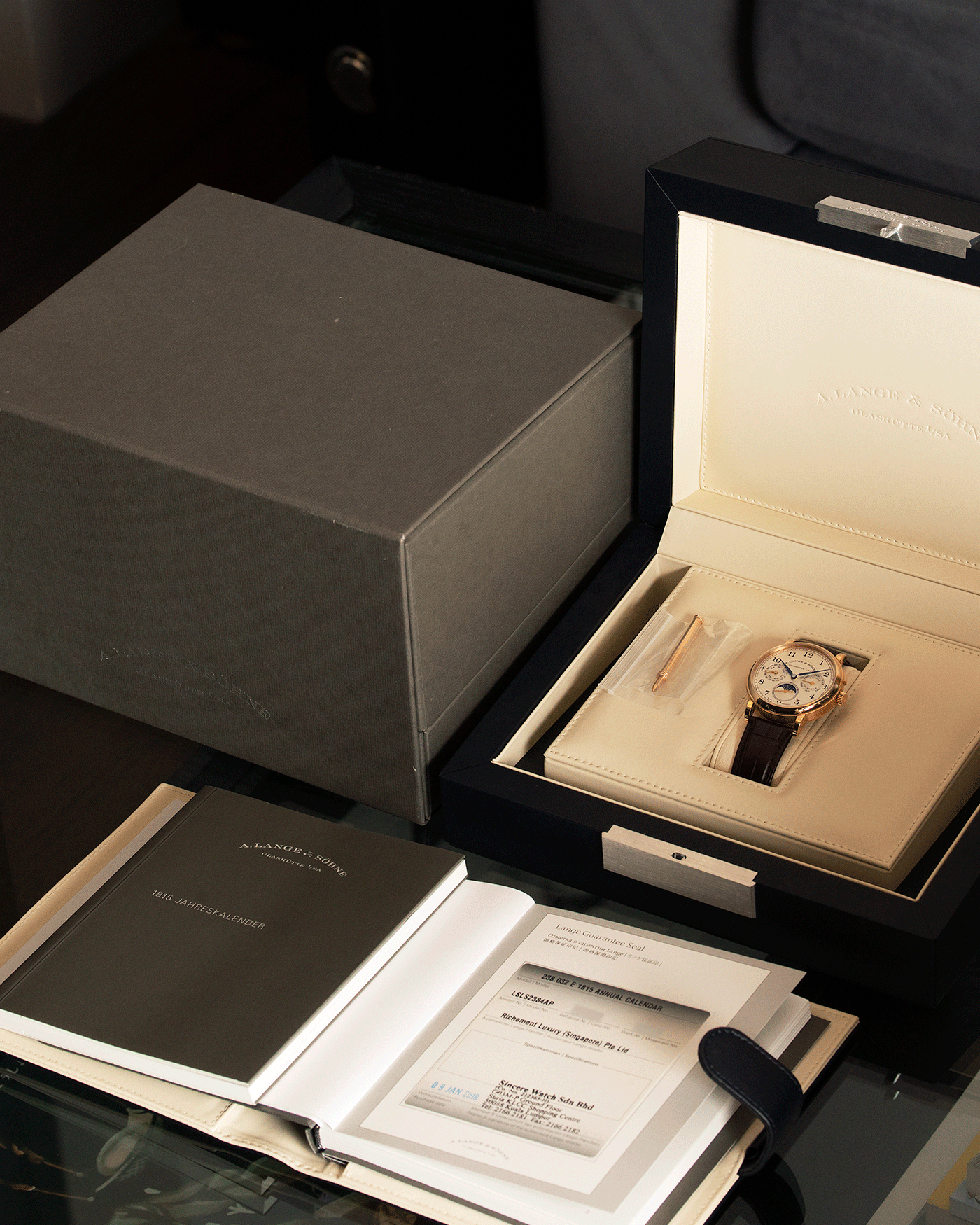 Brand: A. Lange & Sohne Year: 2018 Model: 1815 Annual Calendar Material: 18k Rose Gold Movement: Manual Winding L051.3 Case Diameter: 40mm Bracelet/Strap: A. Lange & Sohne Dark Brown Alligator Strap with signed 18k Rose Gold Tang Buckle