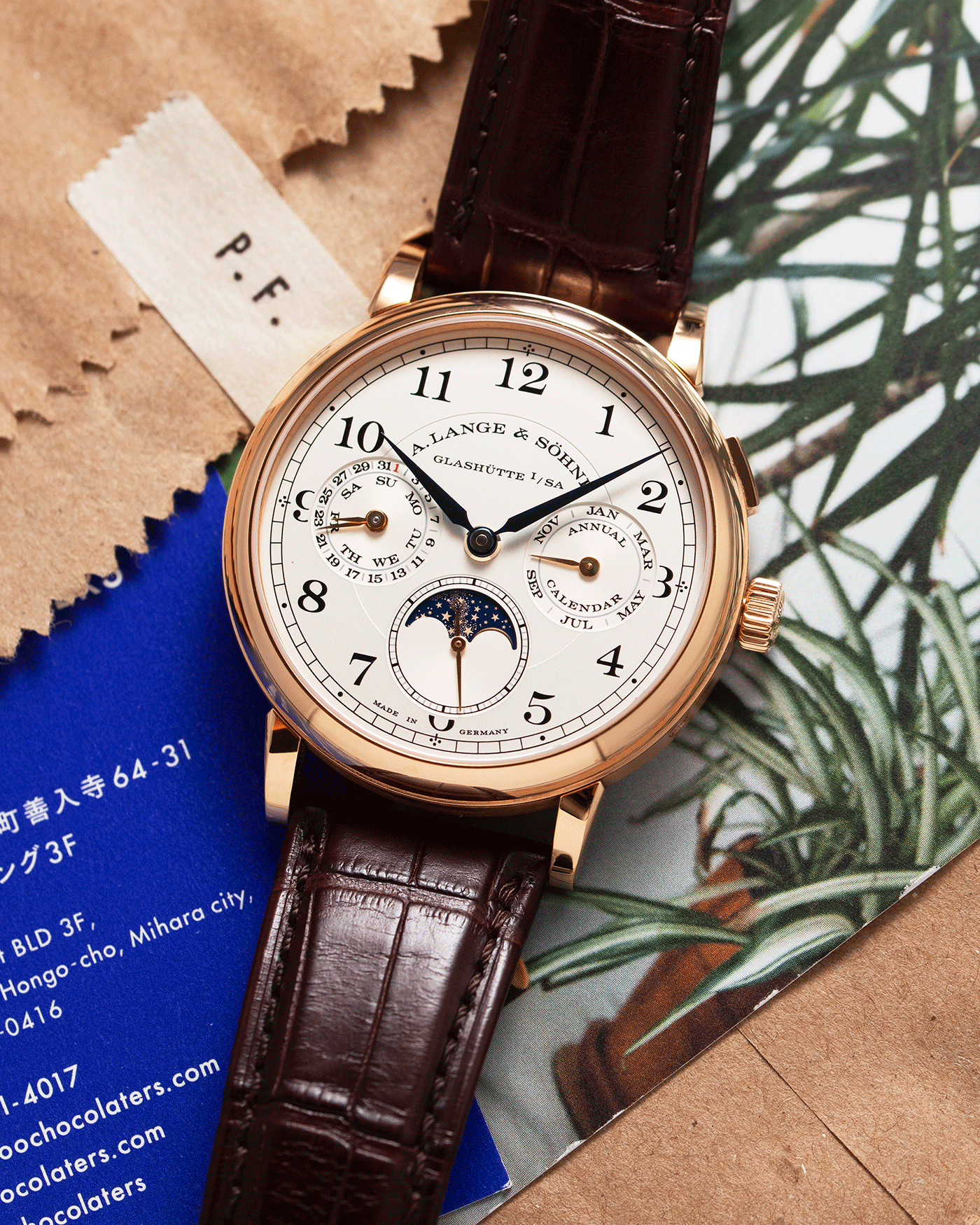 Brand: A. Lange & Sohne Year: 2018 Model: 1815 Annual Calendar Material: 18k Rose Gold Movement: Manual Winding L051.3 Case Diameter: 40mm Bracelet/Strap: A. Lange & Sohne Dark Brown Alligator Strap with signed 18k Rose Gold Tang Buckle