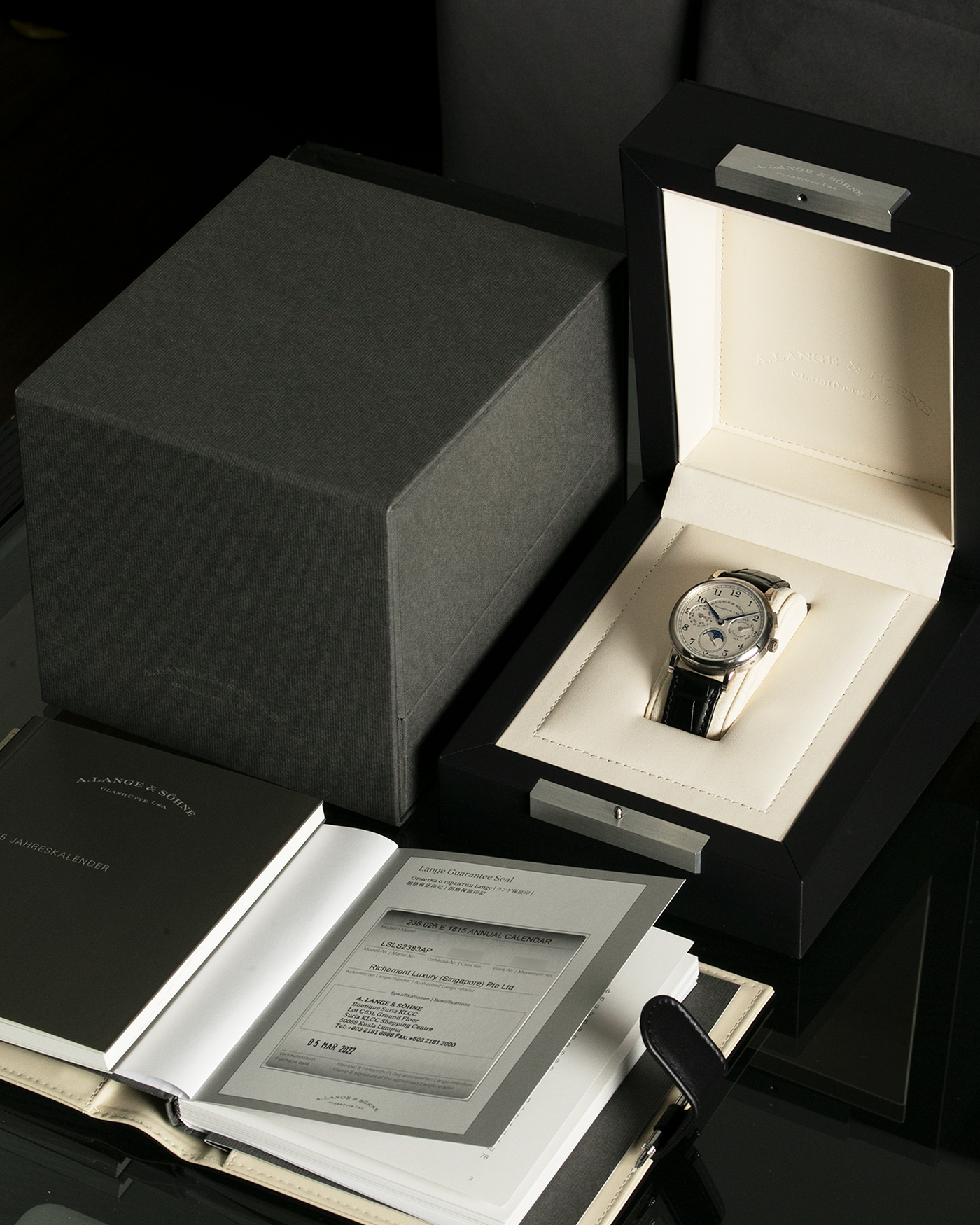 Brand: A. Lange & Sohne Year: 2018 Model: 1815 Annual Calendar Material: 18k White Gold Movement: Manual Winding L051.3 Case Diameter: 40mm Bracelet/Strap: A. Lange & Sohne Black Alligator Strap with signed 18k White Gold Tang Buckle