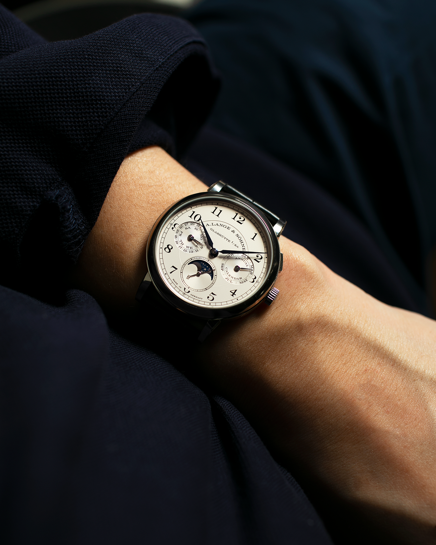 Brand: A. Lange & Sohne Year: 2018 Model: 1815 Annual Calendar Material: 18k White Gold Movement: Manual Winding L051.3 Case Diameter: 40mm Bracelet/Strap: A. Lange & Sohne Black Alligator Strap with signed 18k White Gold Tang Buckle