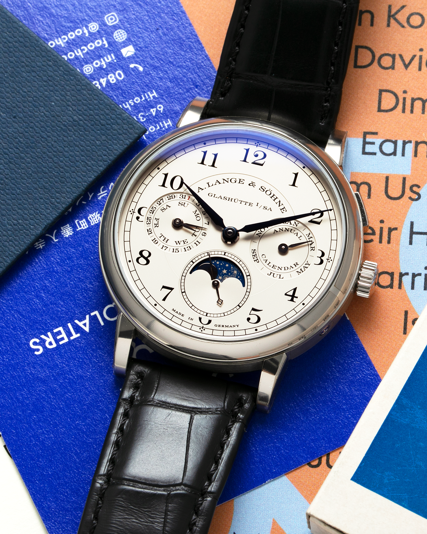 Brand: A. Lange & Sohne Year: 2018 Model: 1815 Annual Calendar Material: 18k White Gold Movement: Manual Winding L051.3 Case Diameter: 40mm Bracelet/Strap: A. Lange & Sohne Black Alligator Strap with signed 18k White Gold Tang Buckle