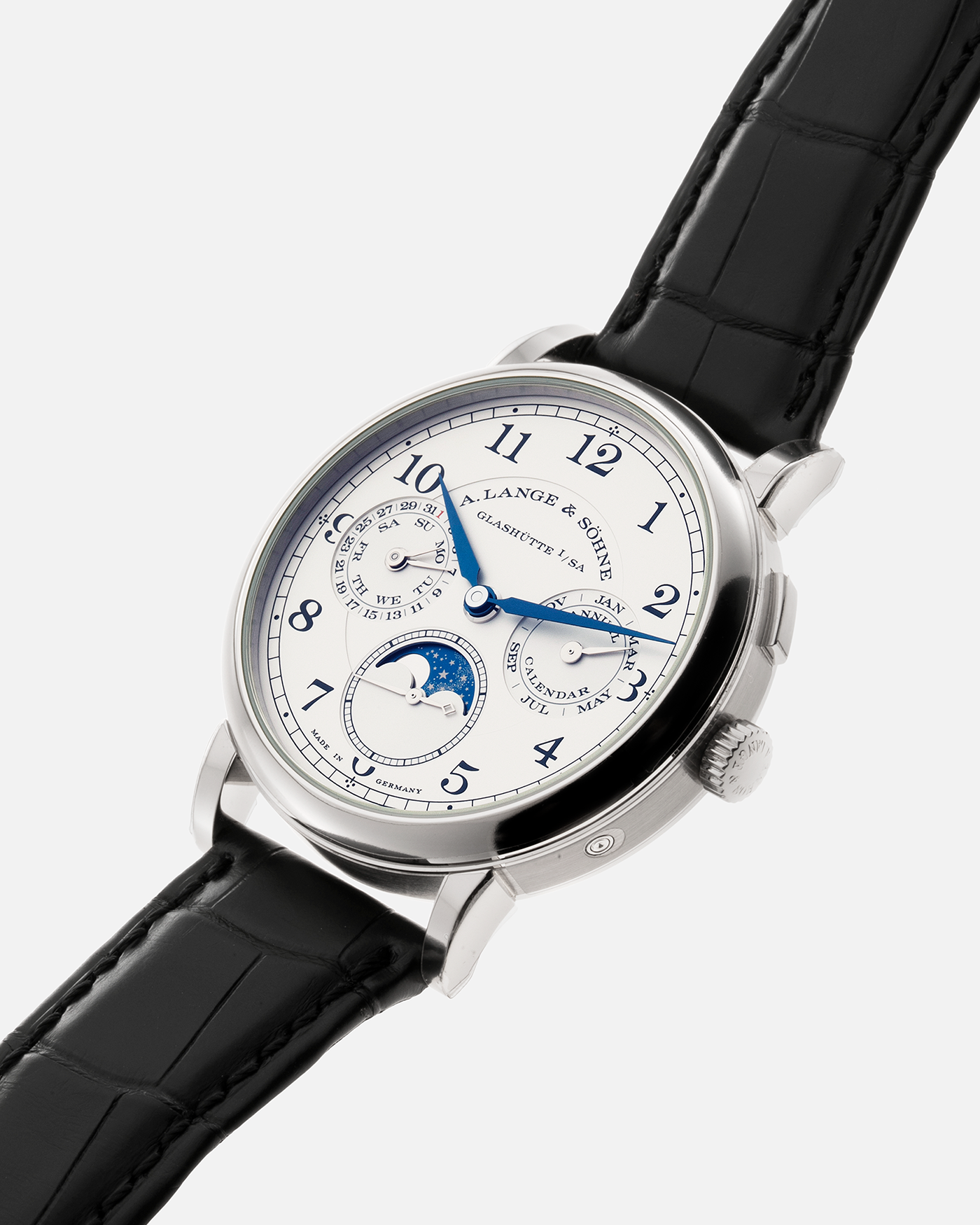 Brand: A. Lange & Sohne Year: 2018 Model: 1815 Annual Calendar Material: 18k White Gold Movement: Manual Winding L051.3 Case Diameter: 40mm Bracelet/Strap: A. Lange & Sohne Black Alligator Strap with signed 18k White Gold Tang Buckle