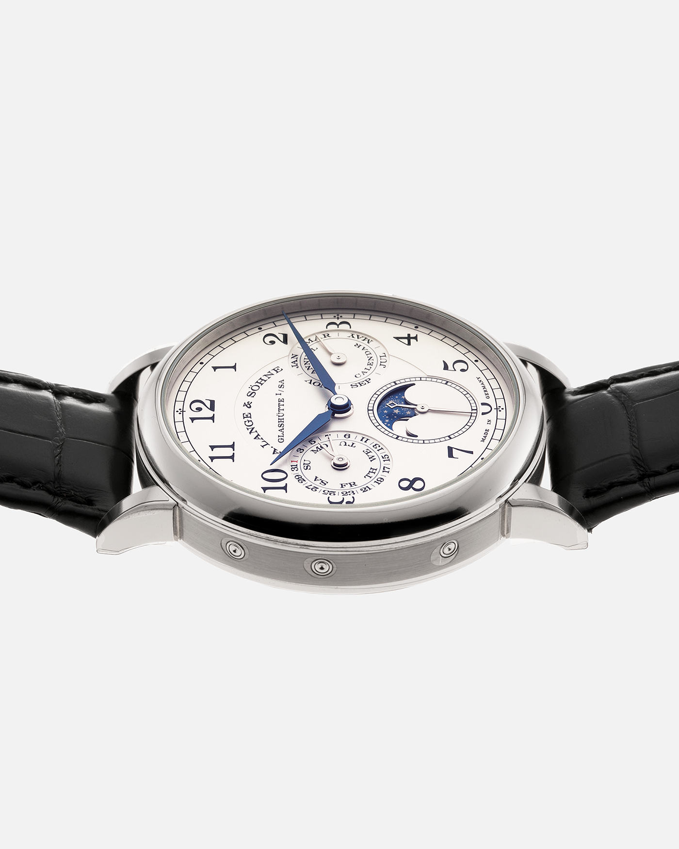 Brand: A. Lange & Sohne Year: 2018 Model: 1815 Annual Calendar Material: 18k White Gold Movement: Manual Winding L051.3 Case Diameter: 40mm Bracelet/Strap: A. Lange & Sohne Black Alligator Strap with signed 18k White Gold Tang Buckle