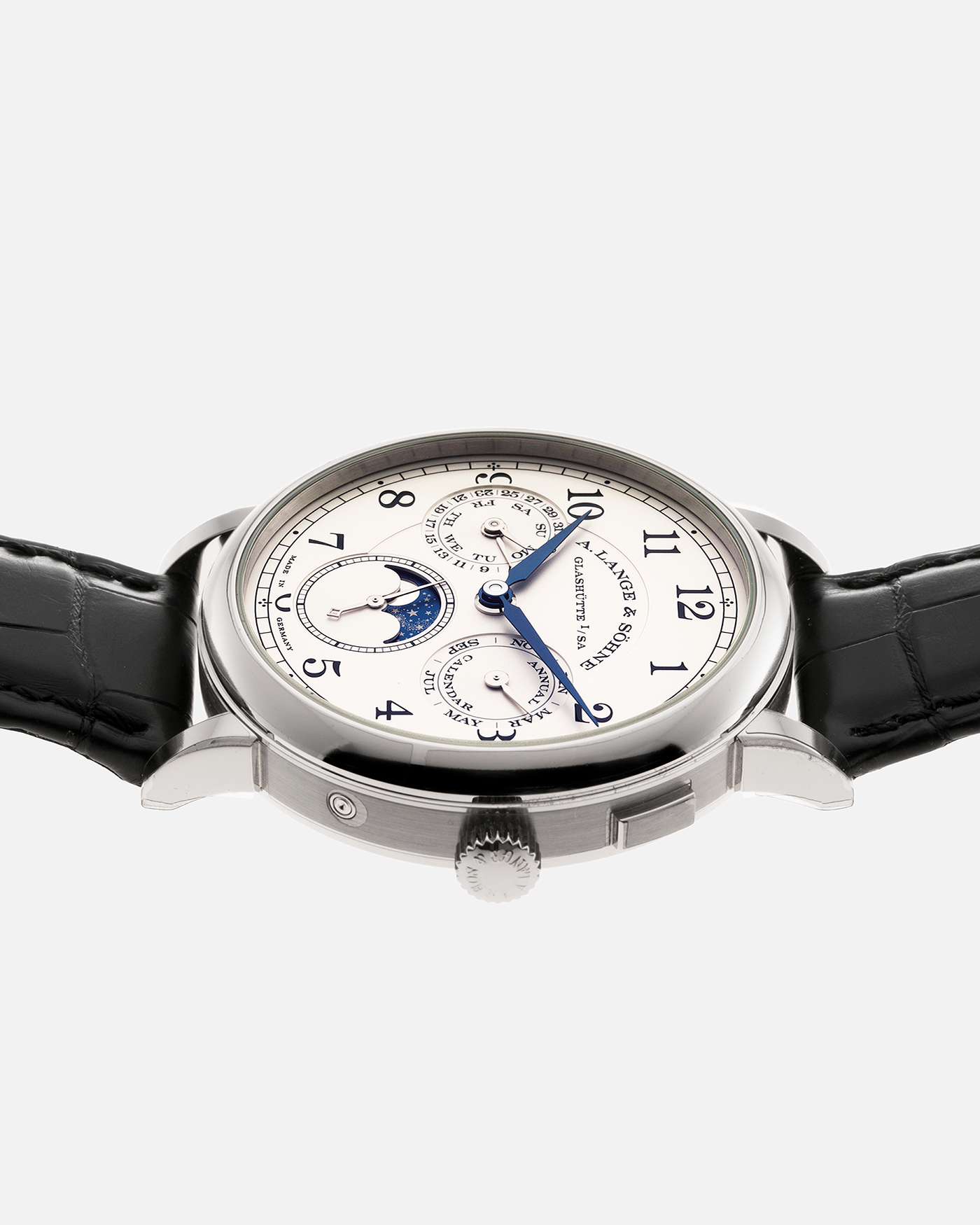 Brand: A. Lange & Sohne Year: 2018 Model: 1815 Annual Calendar Material: 18k White Gold Movement: Manual Winding L051.3 Case Diameter: 40mm Bracelet/Strap: A. Lange & Sohne Black Alligator Strap with signed 18k White Gold Tang Buckle