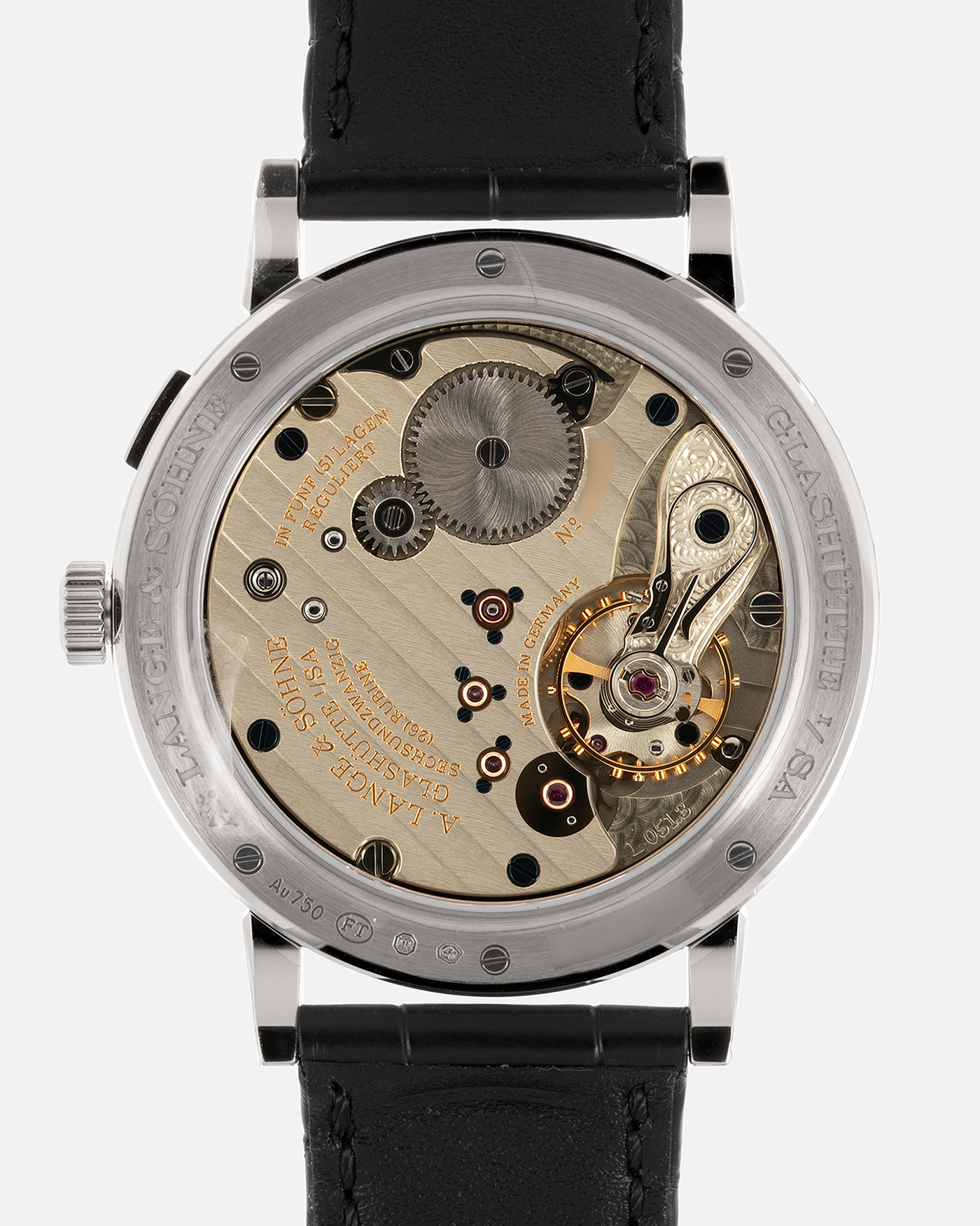 Brand: A. Lange & Sohne Year: 2018 Model: 1815 Annual Calendar Material: 18k White Gold Movement: Manual Winding L051.3 Case Diameter: 40mm Bracelet/Strap: A. Lange & Sohne Black Alligator Strap with signed 18k White Gold Tang Buckle