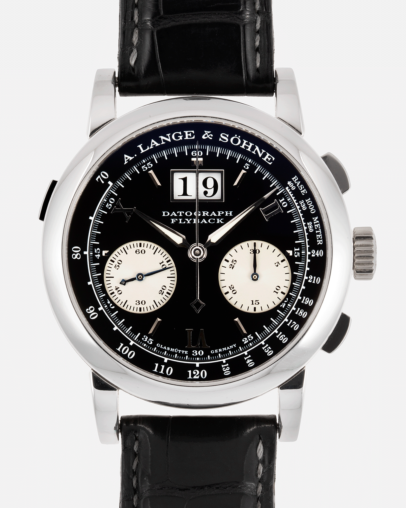 Brand: A. Lange & Sohne Year: 2004 Model: Datograph Reference Number: 403.035 Material: Platinum Movement: Manual Winding L951.1 Case Diameter: 39mm Bracelet/Strap: A. Lange & Sohne Black Alligator Strap with Platinum Deployant