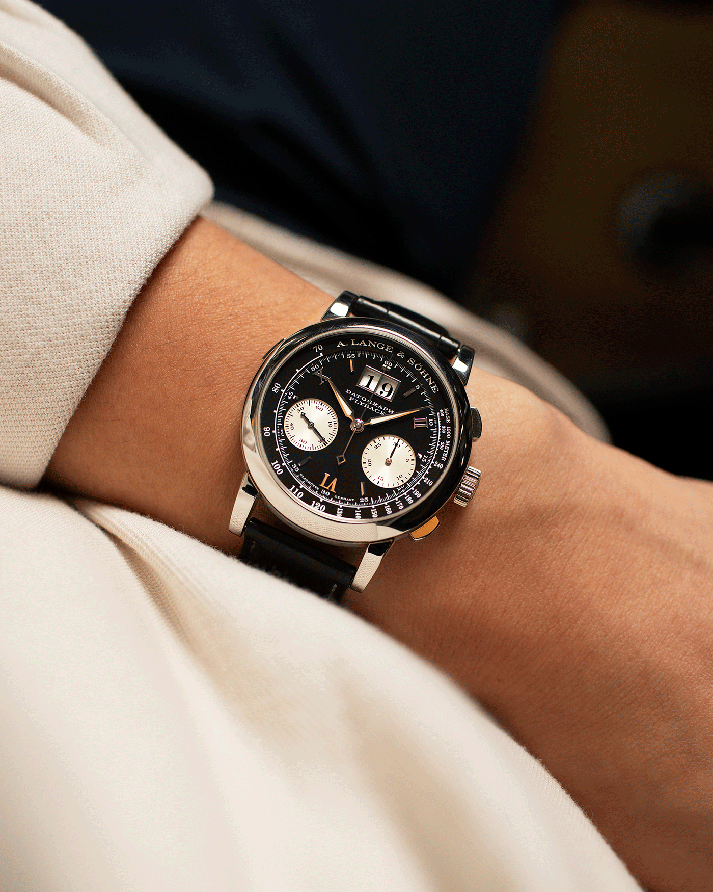 Brand: A. Lange & Sohne Year: 2004 Model: Datograph Reference Number: 403.035 Material: Platinum Movement: Manual Winding L951.1 Case Diameter: 39mm Bracelet/Strap: A. Lange & Sohne Black Alligator Strap with Platinum Deployant