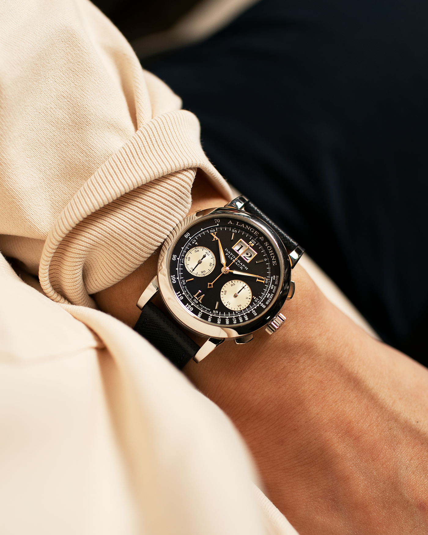 Brand: A. Lange & Sohne Year: 2000’s Model: Datograph Reference Number: 403.035 Material: Platinum Movement: Manual Winding L951.1 Case Diameter: 39mm Bracelet/Strap: Molequin Navy Textured Calf and A. Lange & Sohne Platinum Tang Buckle