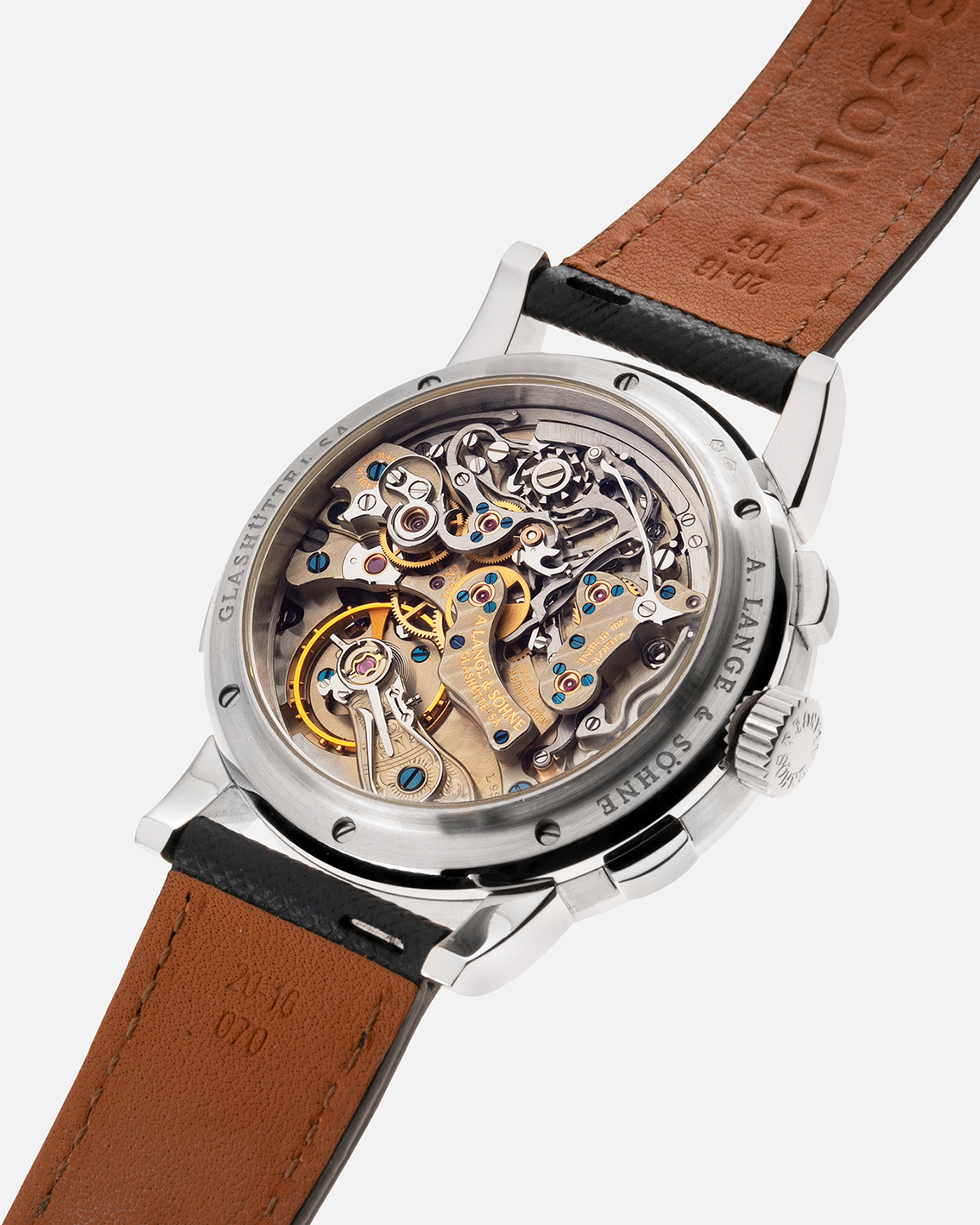 Brand: A. Lange & Sohne Year: 2000’s Model: Datograph Reference Number: 403.035 Material: Platinum Movement: Manual Winding L951.1 Case Diameter: 39mm Bracelet/Strap: Molequin Navy Textured Calf and A. Lange & Sohne Platinum Tang Buckle