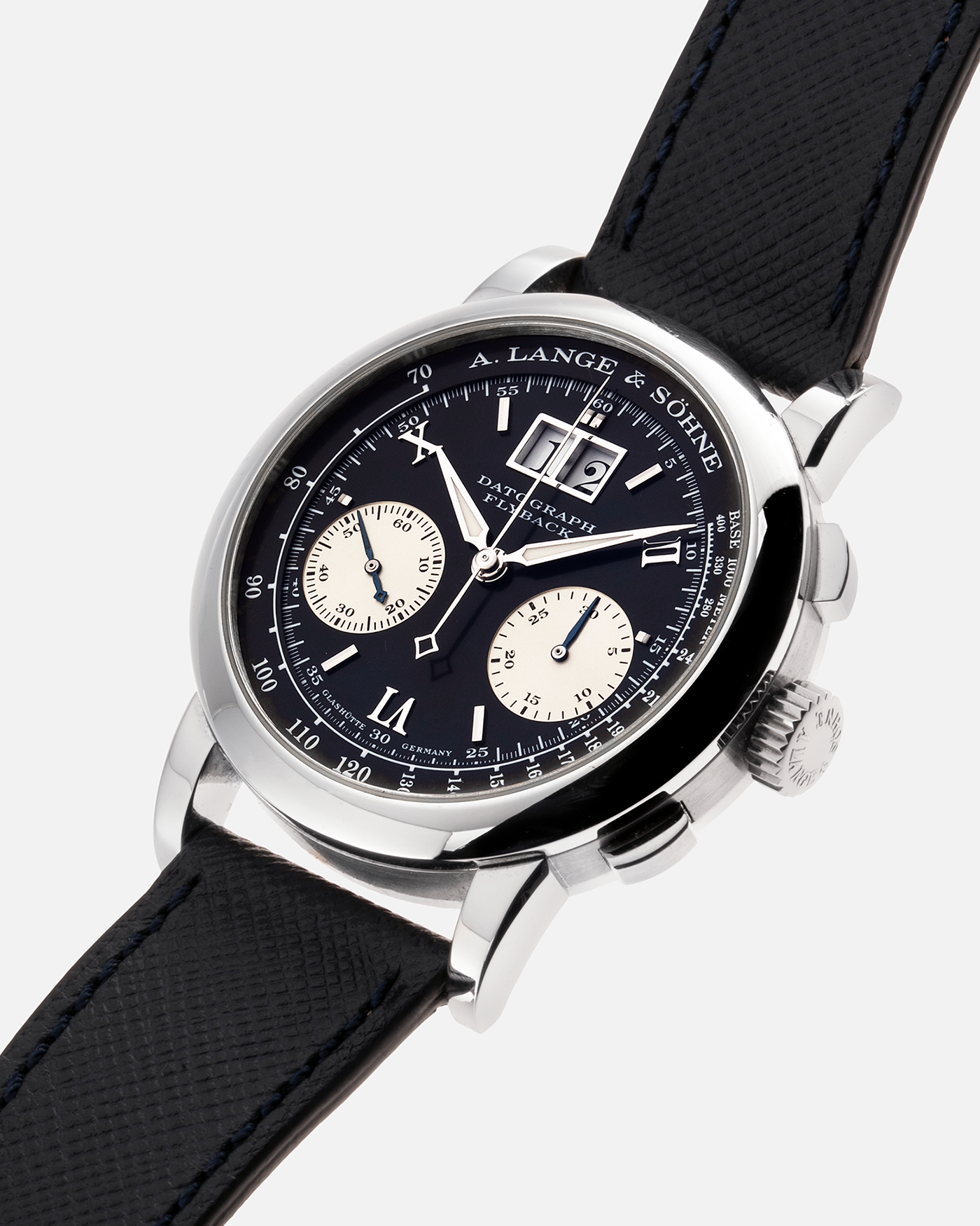 Brand: A. Lange & Sohne Year: 2000’s Model: Datograph Reference Number: 403.035 Material: Platinum Movement: Manual Winding L951.1 Case Diameter: 39mm Bracelet/Strap: Molequin Navy Textured Calf and A. Lange & Sohne Platinum Tang Buckle