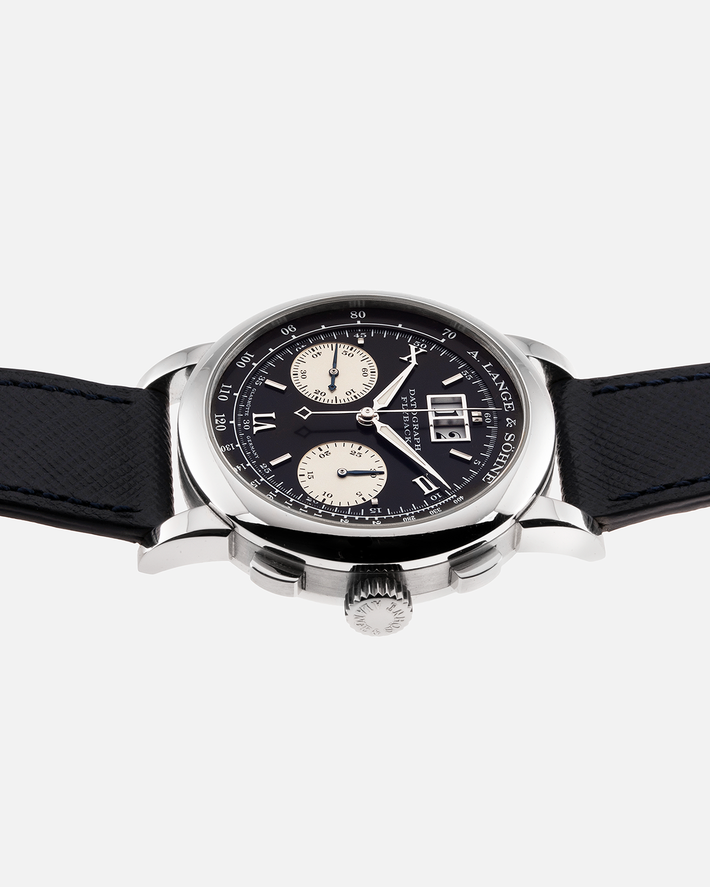 Brand: A. Lange & Sohne Year: 2000’s Model: Datograph Reference Number: 403.035 Material: Platinum Movement: Manual Winding L951.1 Case Diameter: 39mm Bracelet/Strap: Molequin Navy Textured Calf and A. Lange & Sohne Platinum Tang Buckle