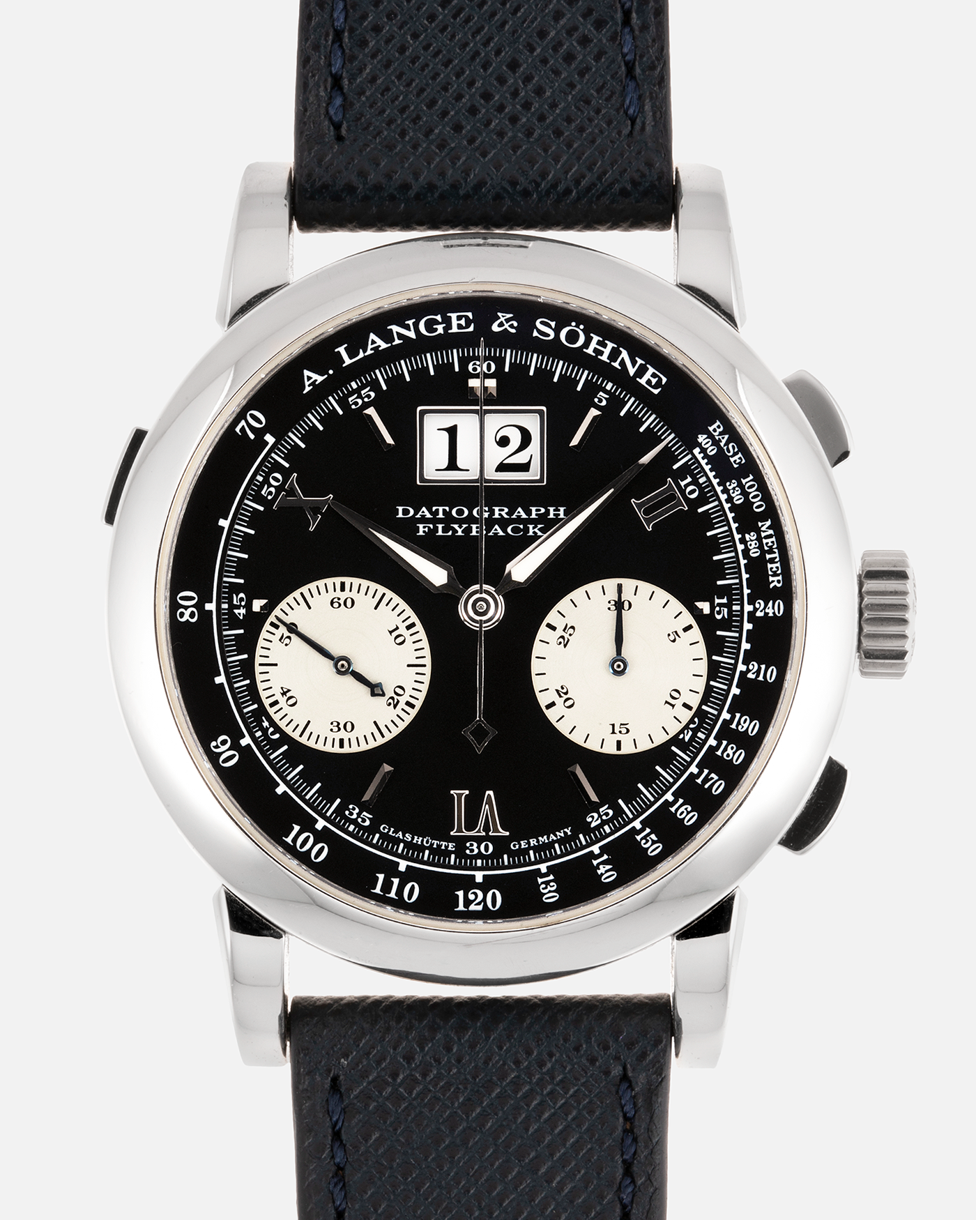 Brand: A. Lange & Sohne Year: 2000’s Model: Datograph Reference Number: 403.035 Material: Platinum Movement: Manual Winding L951.1 Case Diameter: 39mm Bracelet/Strap: Molequin Navy Textured Calf and A. Lange & Sohne Platinum Tang Buckle