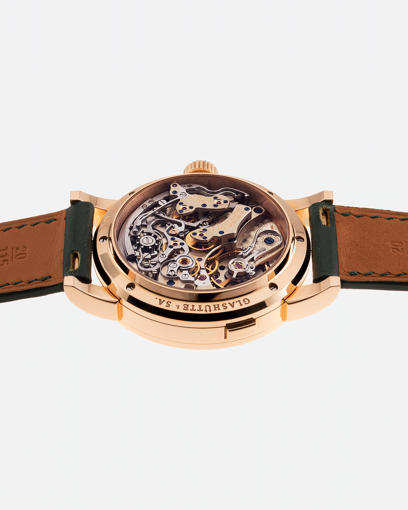 Brand: A. Lange & Sohne Year: 2009 Model: Datograph Reference Number: 403.032 Material: 18k Rose Gold Movement: Manual Winding L951.1 Case Diameter: 39mm Bracelet/Strap: Delugs Green Leather Strap with signed 18k Rose Gold Tang Buckle