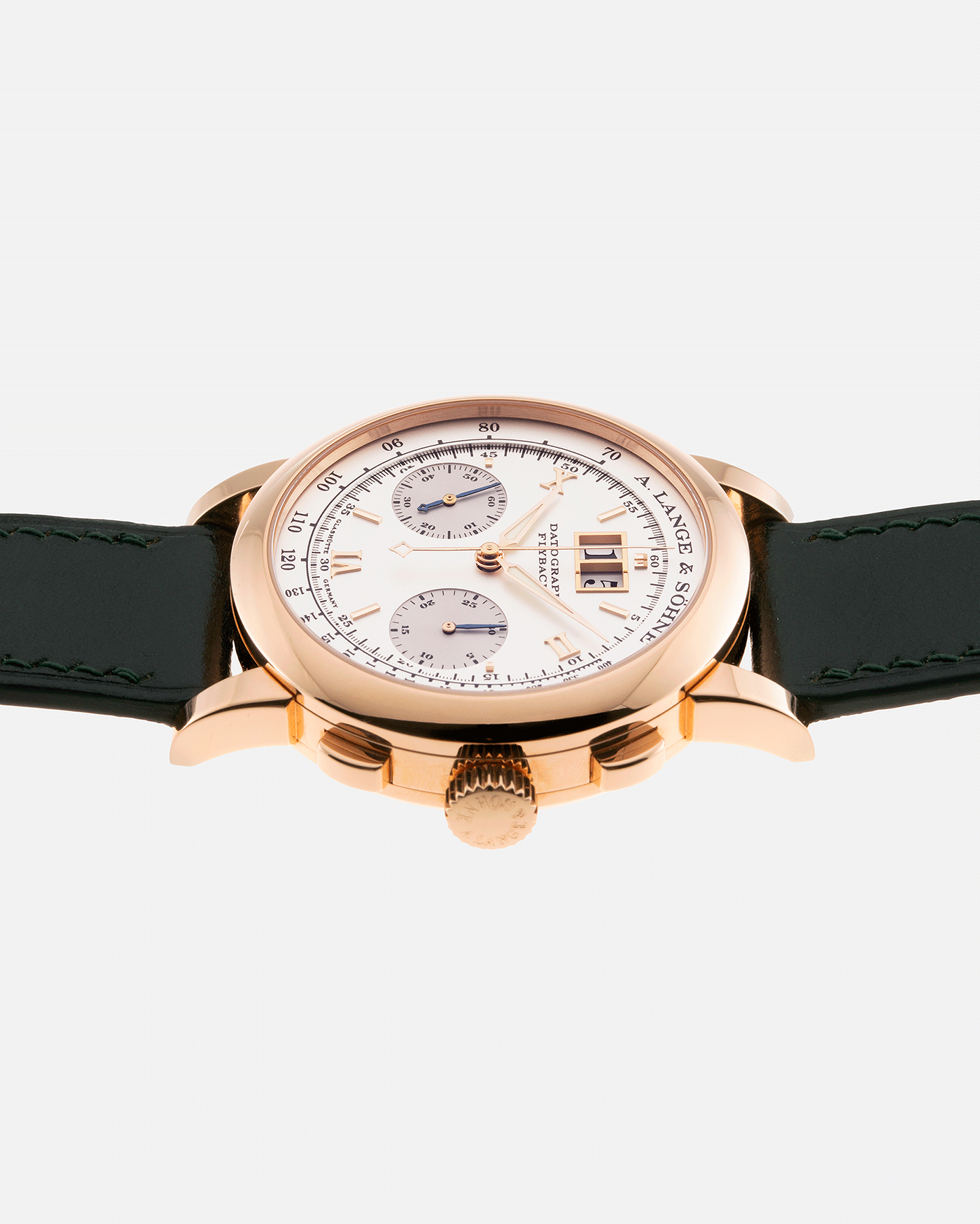 Brand: A. Lange & Sohne Year: 2009 Model: Datograph Reference Number: 403.032 Material: 18k Rose Gold Movement: Manual Winding L951.1 Case Diameter: 39mm Bracelet/Strap: Delugs Green Leather Strap with signed 18k Rose Gold Tang Buckle