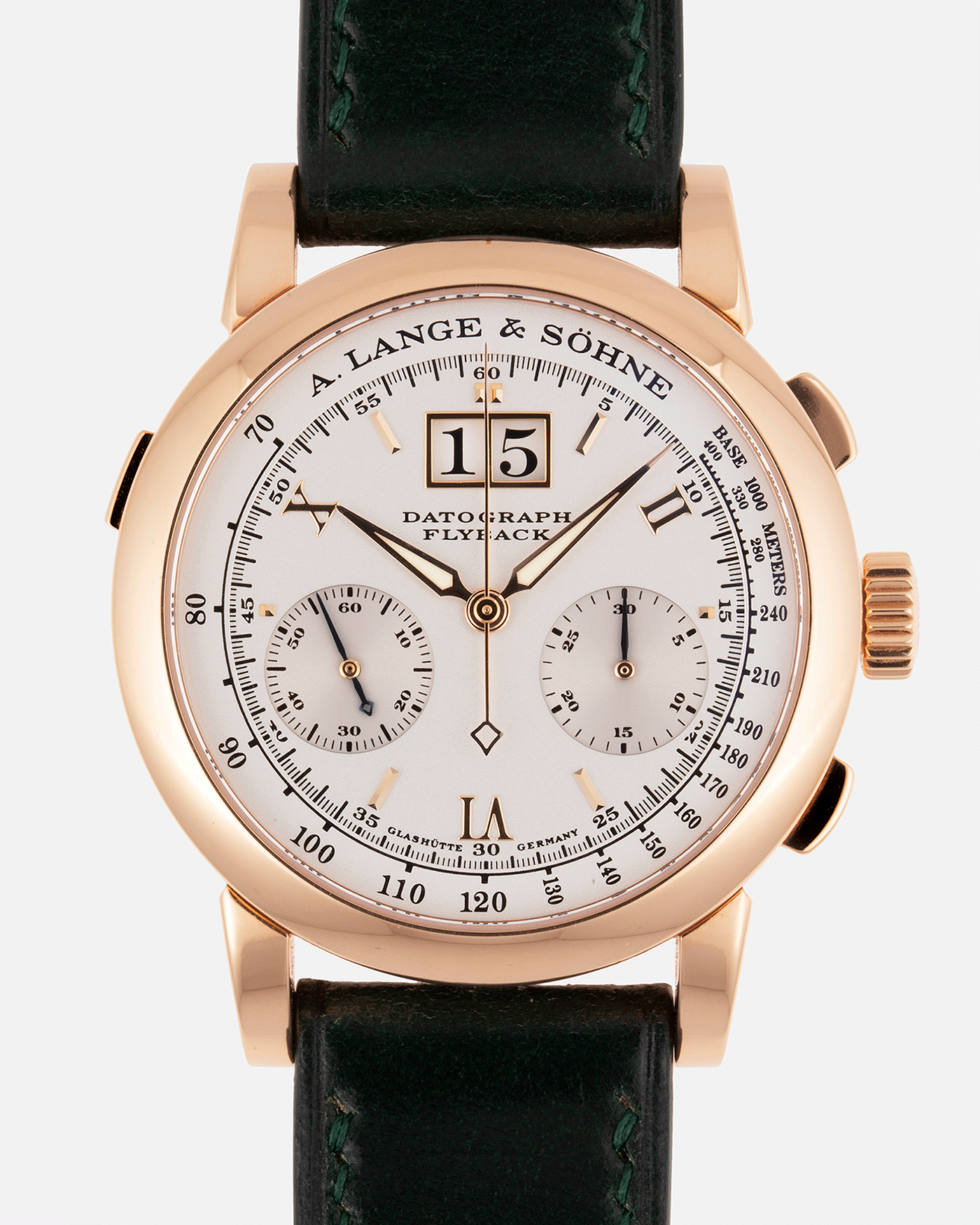 Brand: A. Lange & Sohne Year: 2009 Model: Datograph Reference Number: 403.032 Material: 18k Rose Gold Movement: Manual Winding L951.1 Case Diameter: 39mm Bracelet/Strap: Delugs Green Leather Strap with signed 18k Rose Gold Tang Buckle