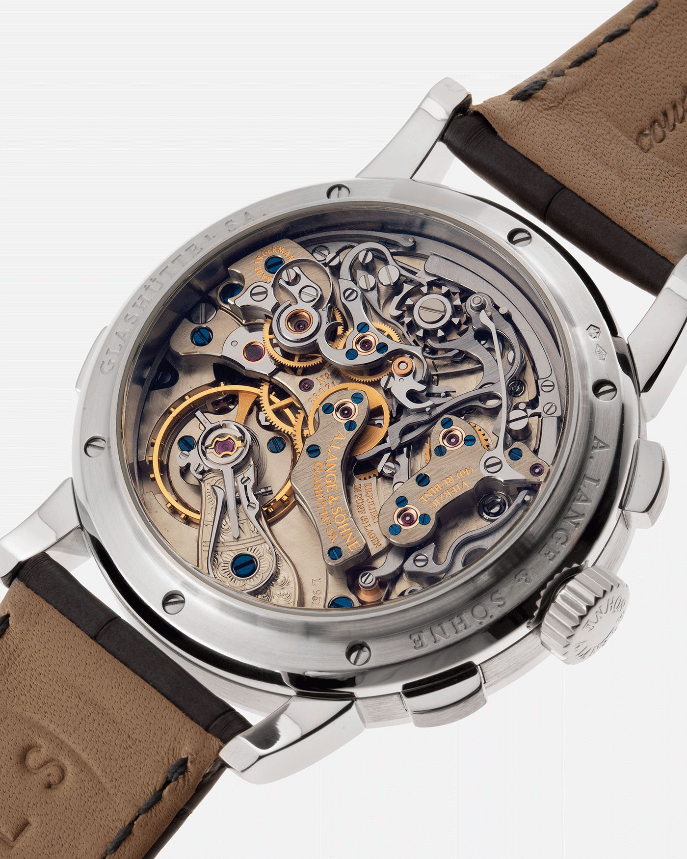 Brand: A. Lange & Sohne Year: 2004 Model: Datograph Reference Number: 403.035 Material: Platinum Movement: Manual Winding L951.1 Case Diameter: 39mm Bracelet/Strap: A. Lange & Sohne Black Alligator Strap with signed Platinum Tang Buckle and Custom Made Grey Jean Rousseau for ALS Alligator Strap