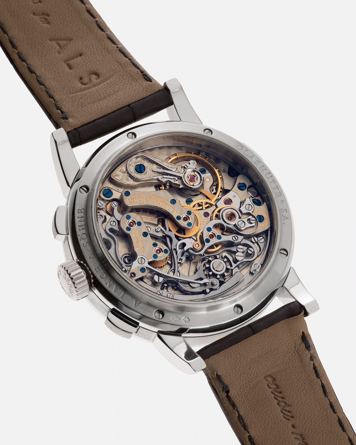 Brand: A. Lange & Sohne Year: 2004 Model: Datograph Reference Number: 403.035 Material: Platinum Movement: Manual Winding L951.1 Case Diameter: 39mm Bracelet/Strap: A. Lange & Sohne Black Alligator Strap with signed Platinum Tang Buckle and Custom Made Grey Jean Rousseau for ALS Alligator Strap