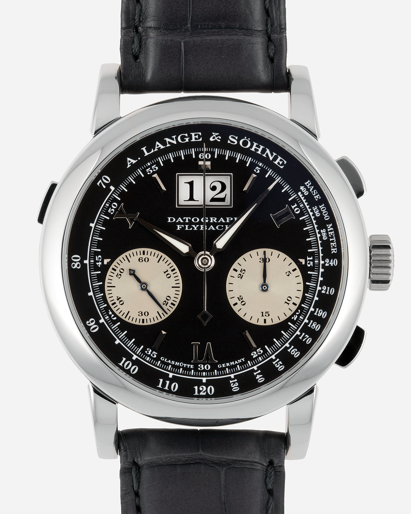 Brand: A. Lange & Sohne Year: 2004 Model: Datograph Reference Number: 403.035 Material: Platinum Movement: Manual Winding L951.1 Case Diameter: 39mm Bracelet/Strap: A. Lange & Sohne Black Alligator Strap with signed Platinum Tang Buckle and Custom Made Grey Jean Rousseau for ALS Alligator Strap